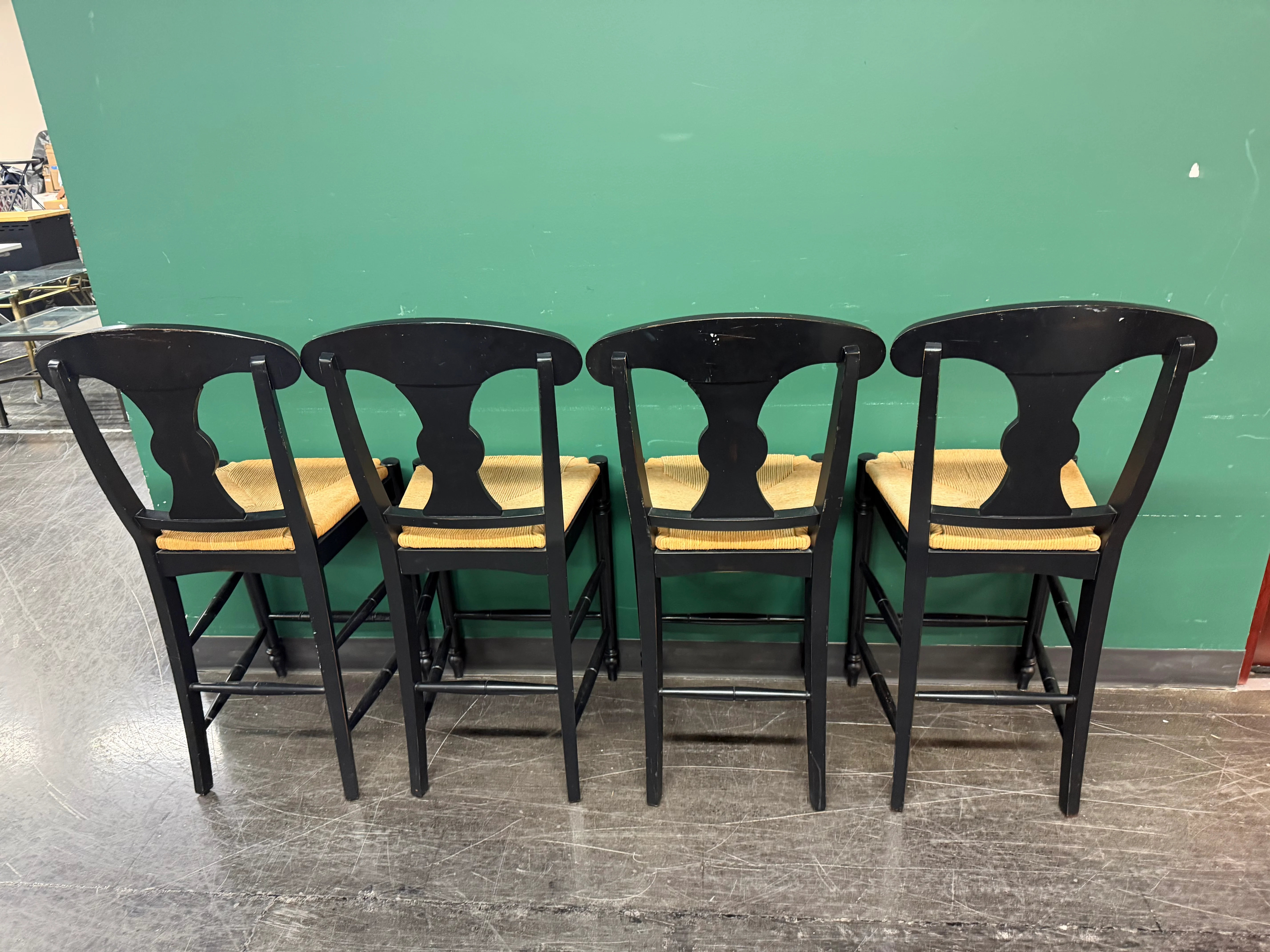Ethan Allen Vintage French Country Rush Seat Bar Stools in Black, Set of Four - Image 10