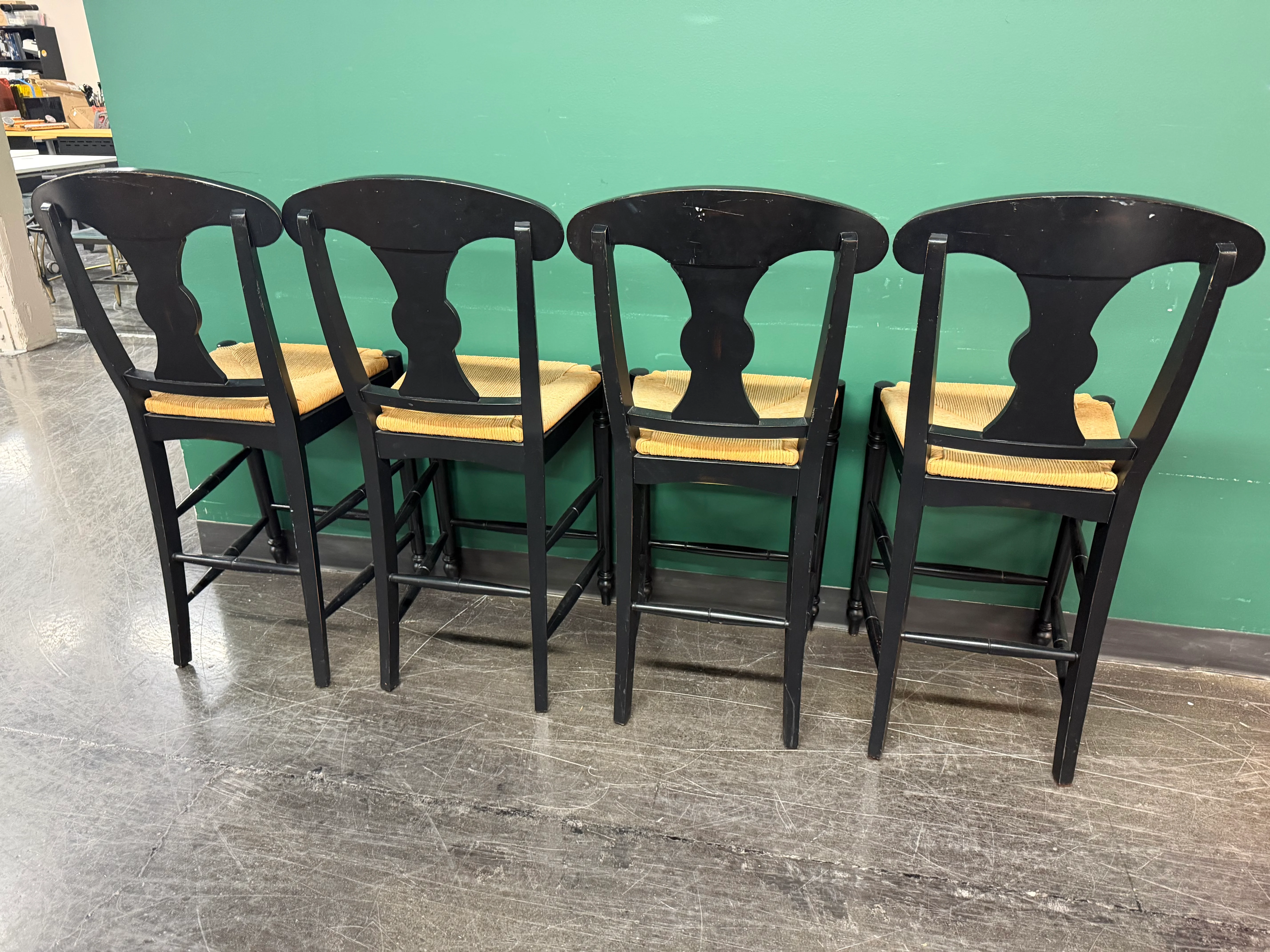 Ethan Allen Vintage French Country Rush Seat Bar Stools in Black, Set of Four - Image 11