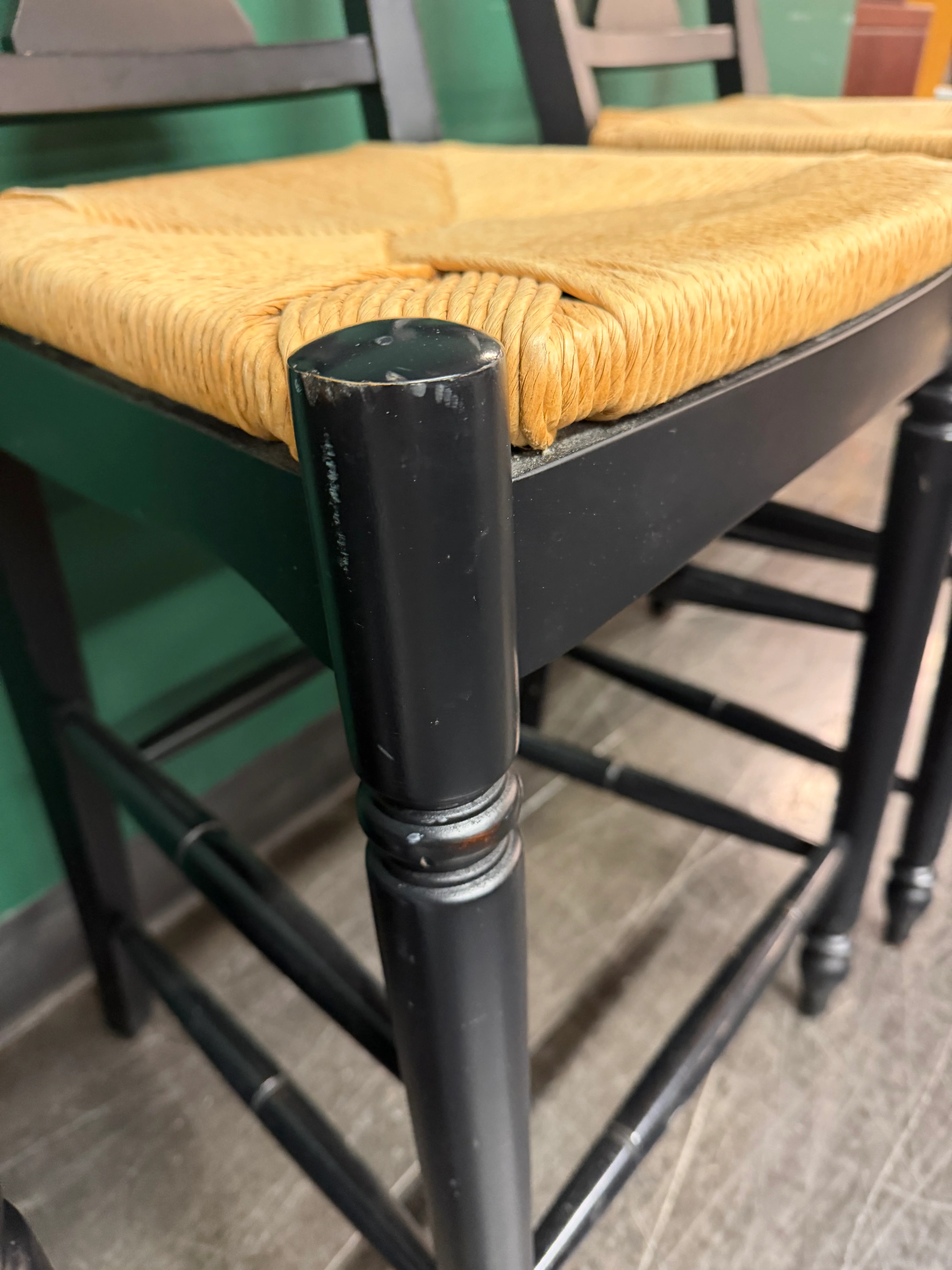Ethan Allen Vintage French Country Rush Seat Bar Stools in Black, Set of Four - Image 14