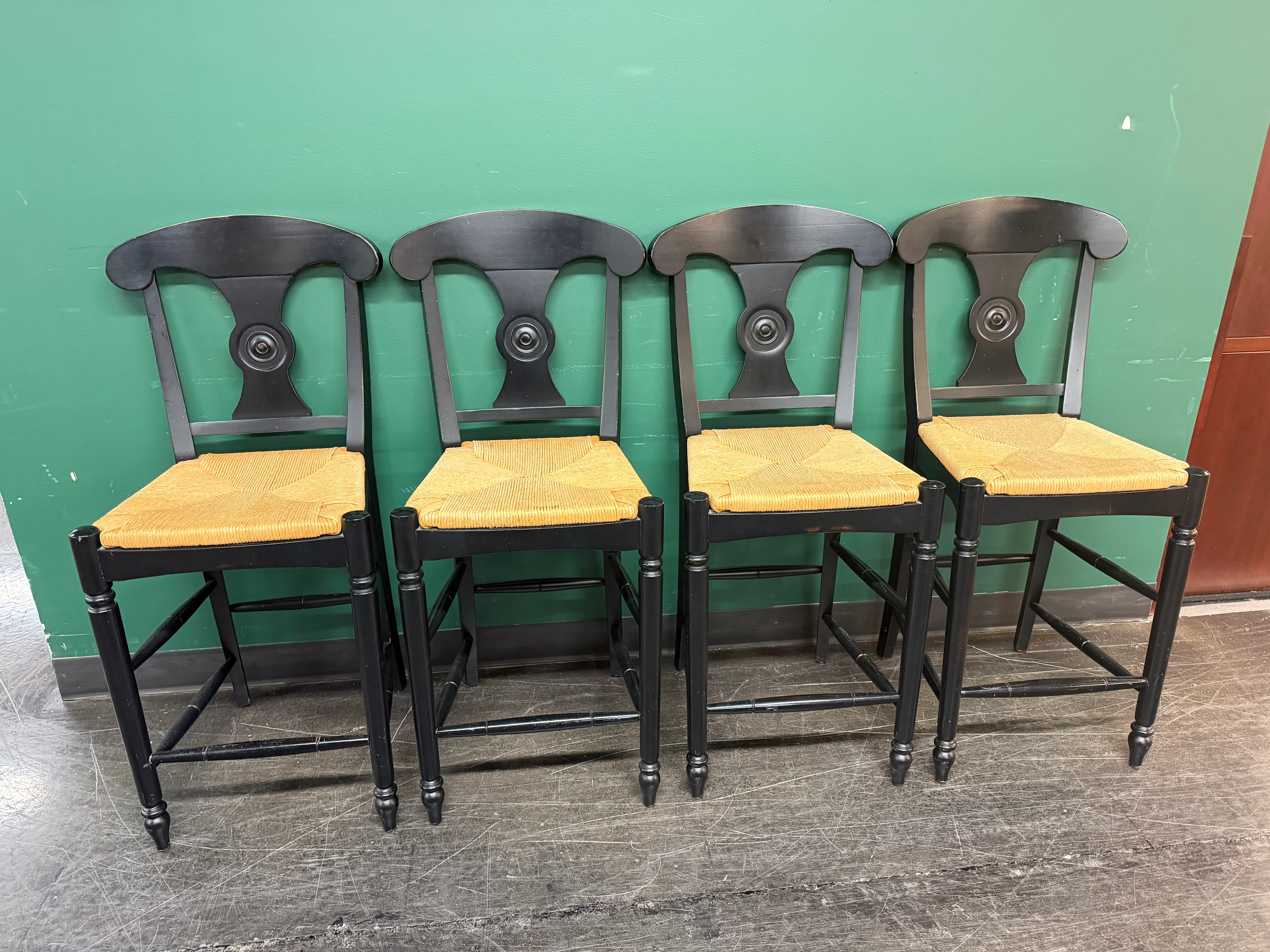 Ethan Allen Vintage French Country Rush Seat Bar Stools in Black, Set of Four - Image 5