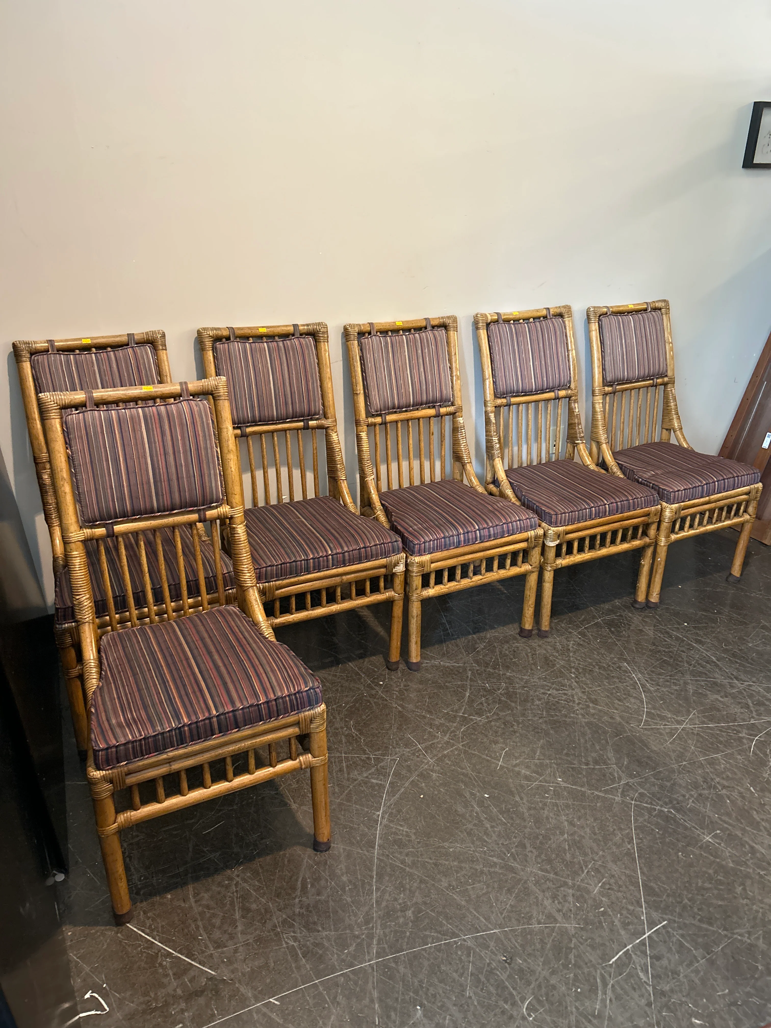 Henredon Bamboo Rattan Dining Chair Set – Striped Cushion, Armless - Image 4