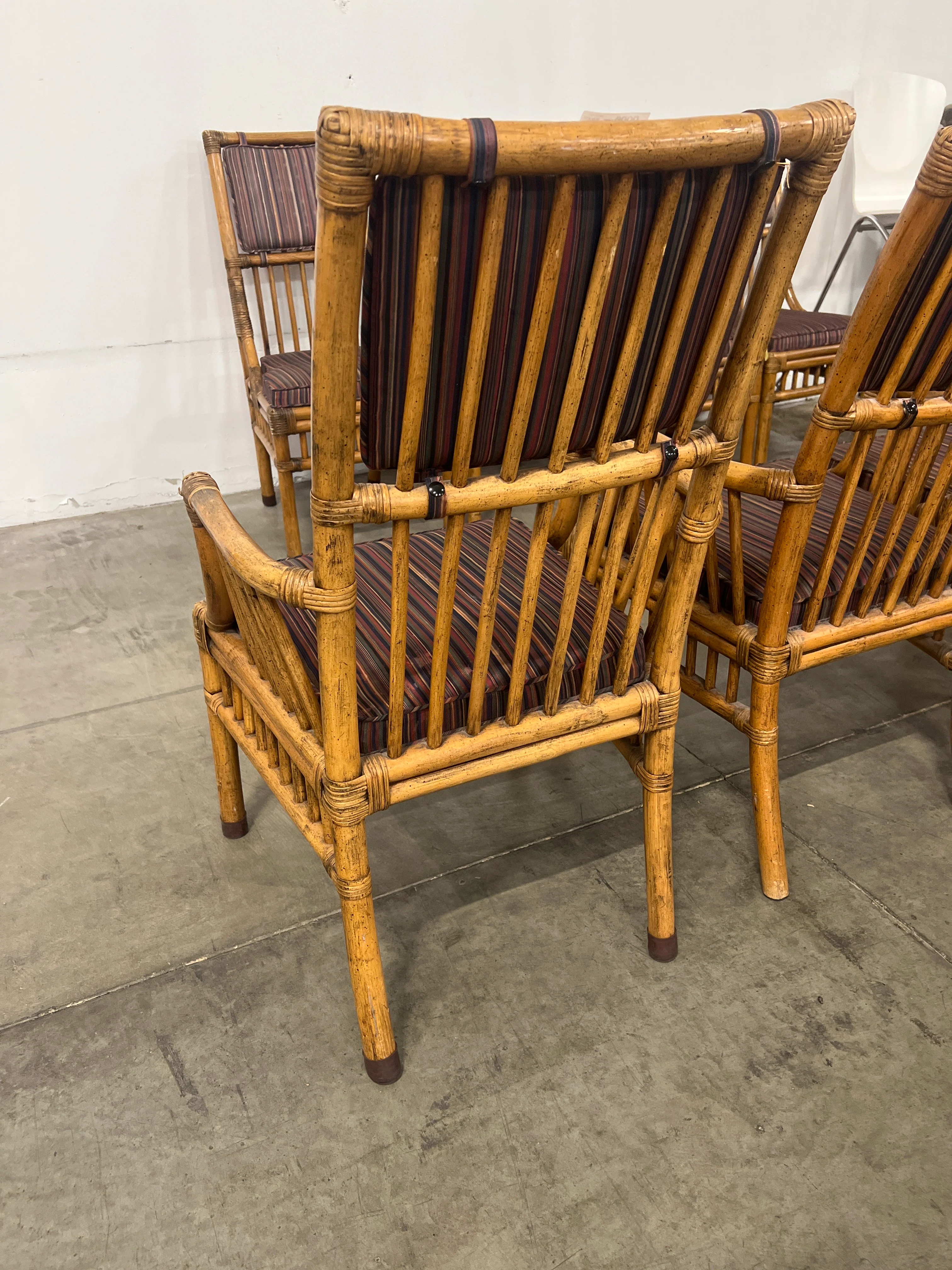 Henredon Bamboo Rattan Captain’s Chair Set – Striped Cushion, with Arms - Image 3