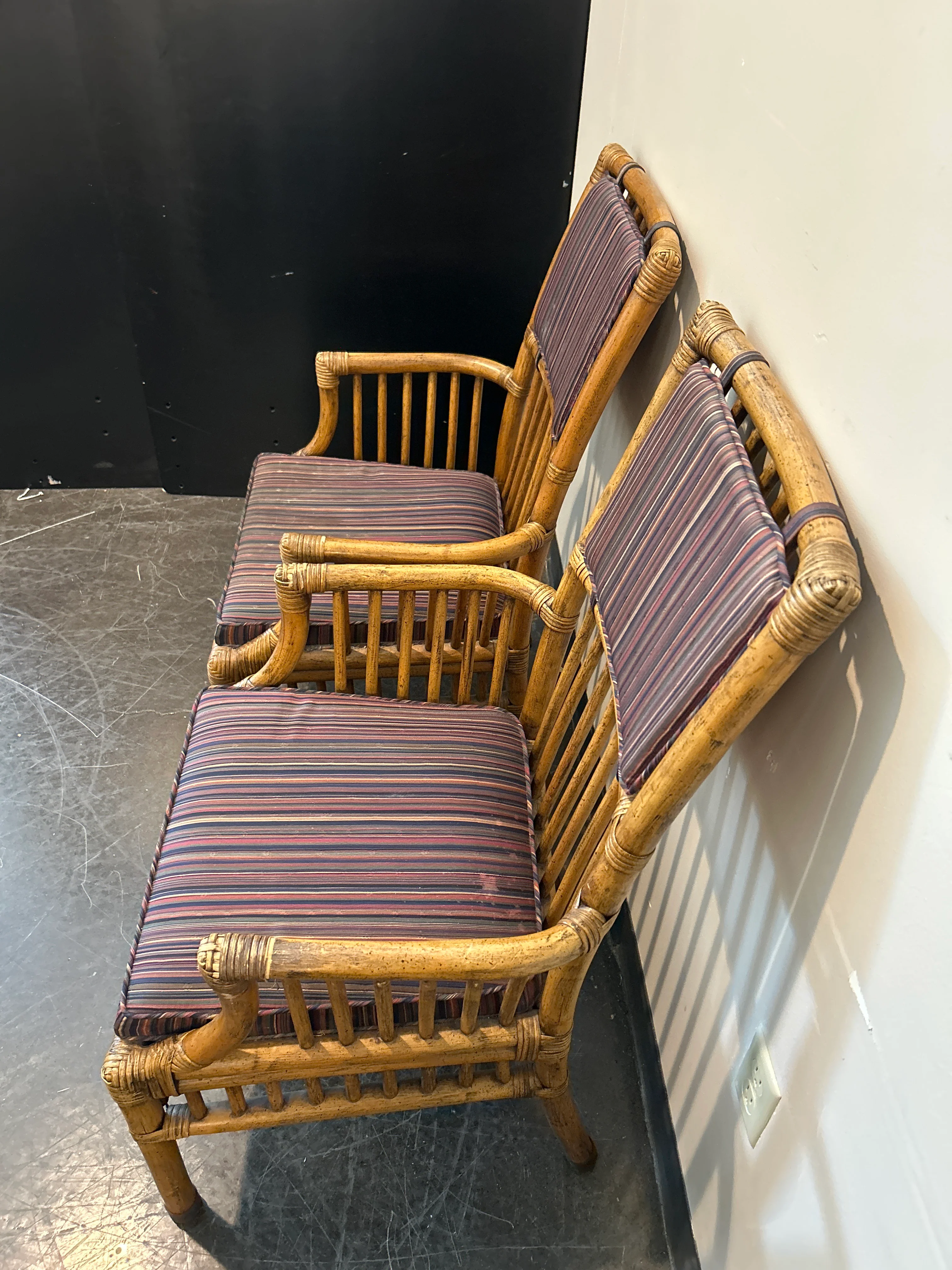 Henredon Bamboo Rattan Captain’s Chair Set – Striped Cushion, with Arms - Image 4