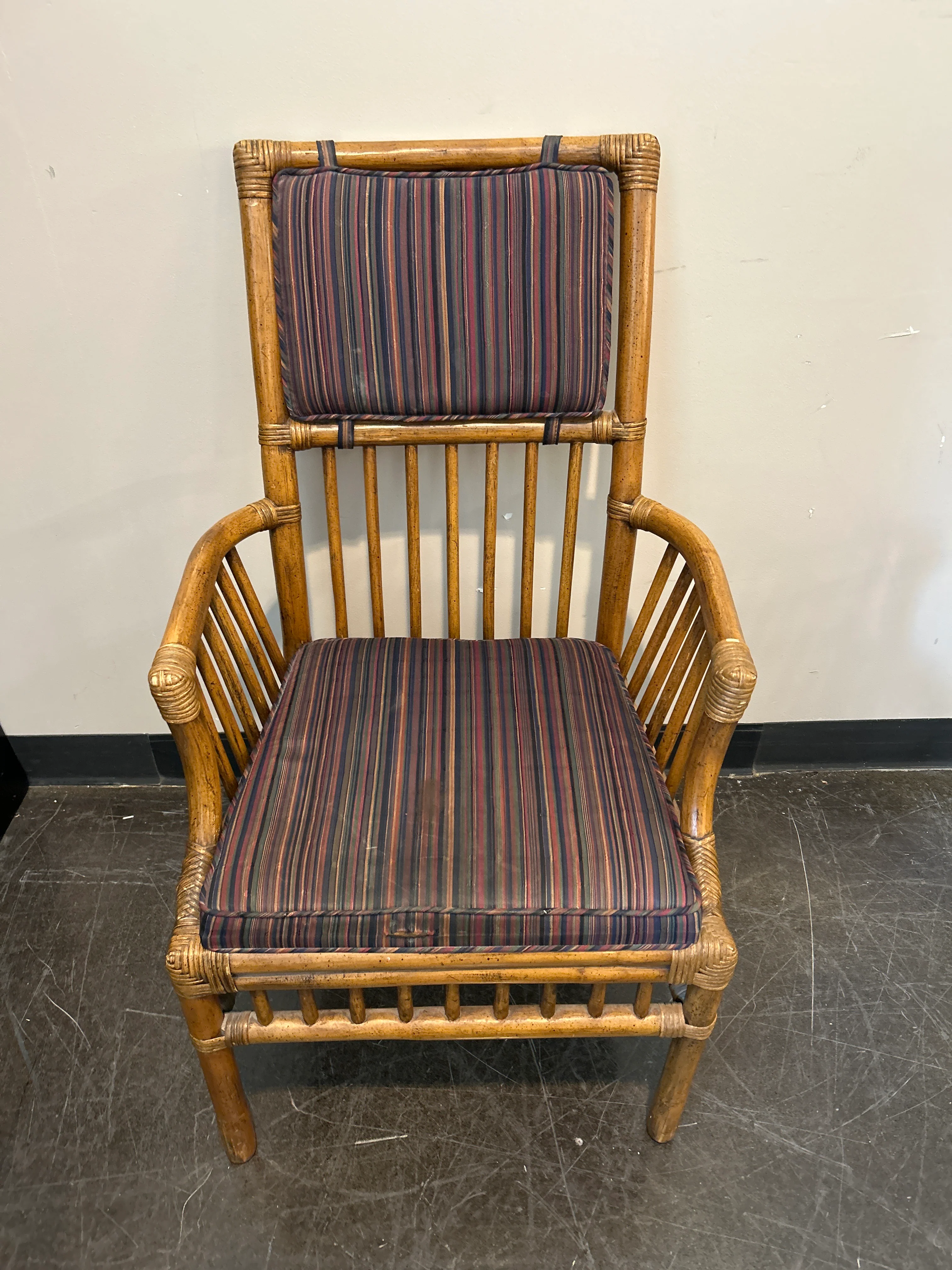 Henredon Bamboo Rattan Captain’s Chair Set – Striped Cushion, with Arms - Image 5