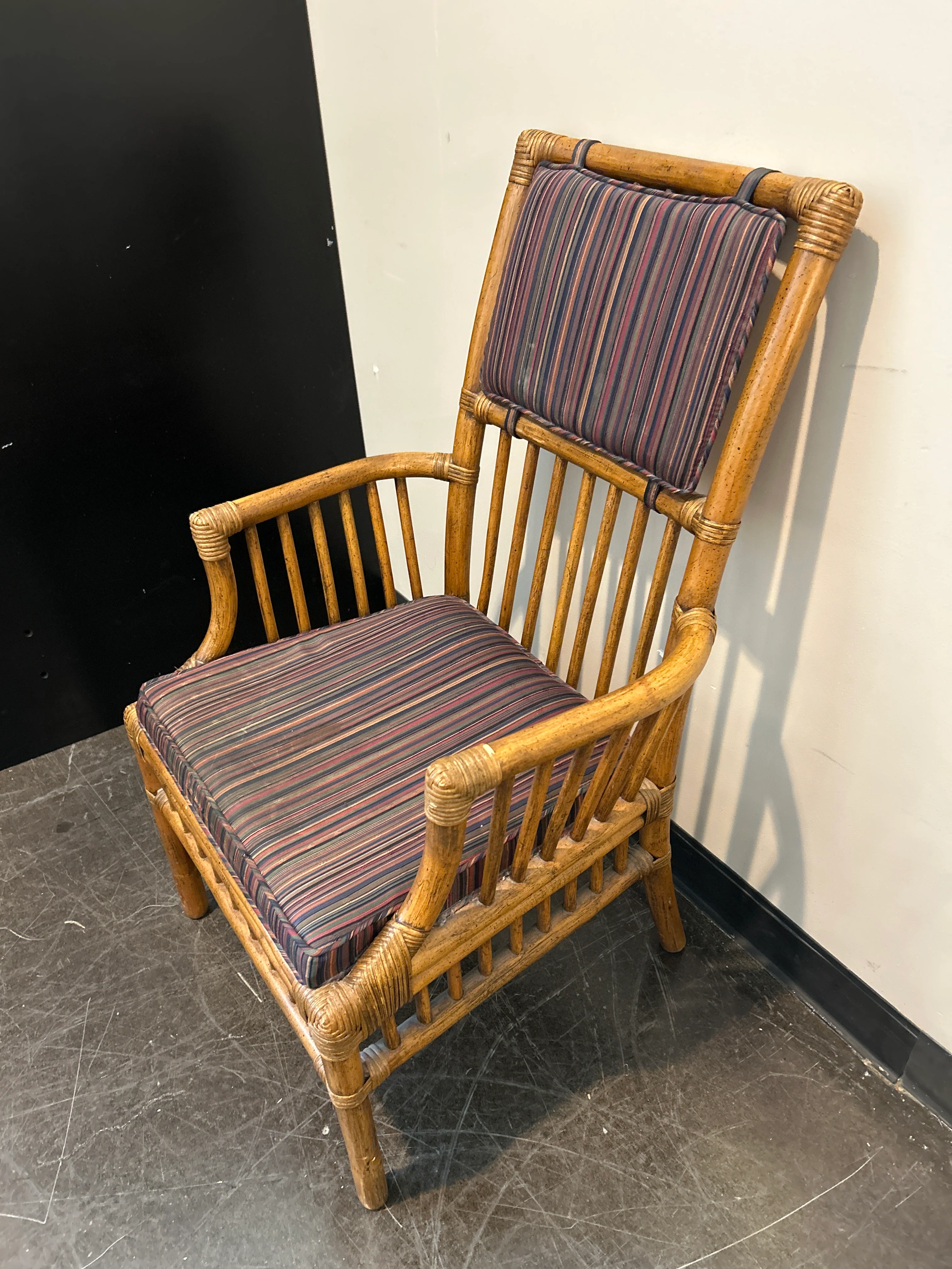 Henredon Bamboo Rattan Captain’s Chair Set – Striped Cushion, with Arms - Image 6