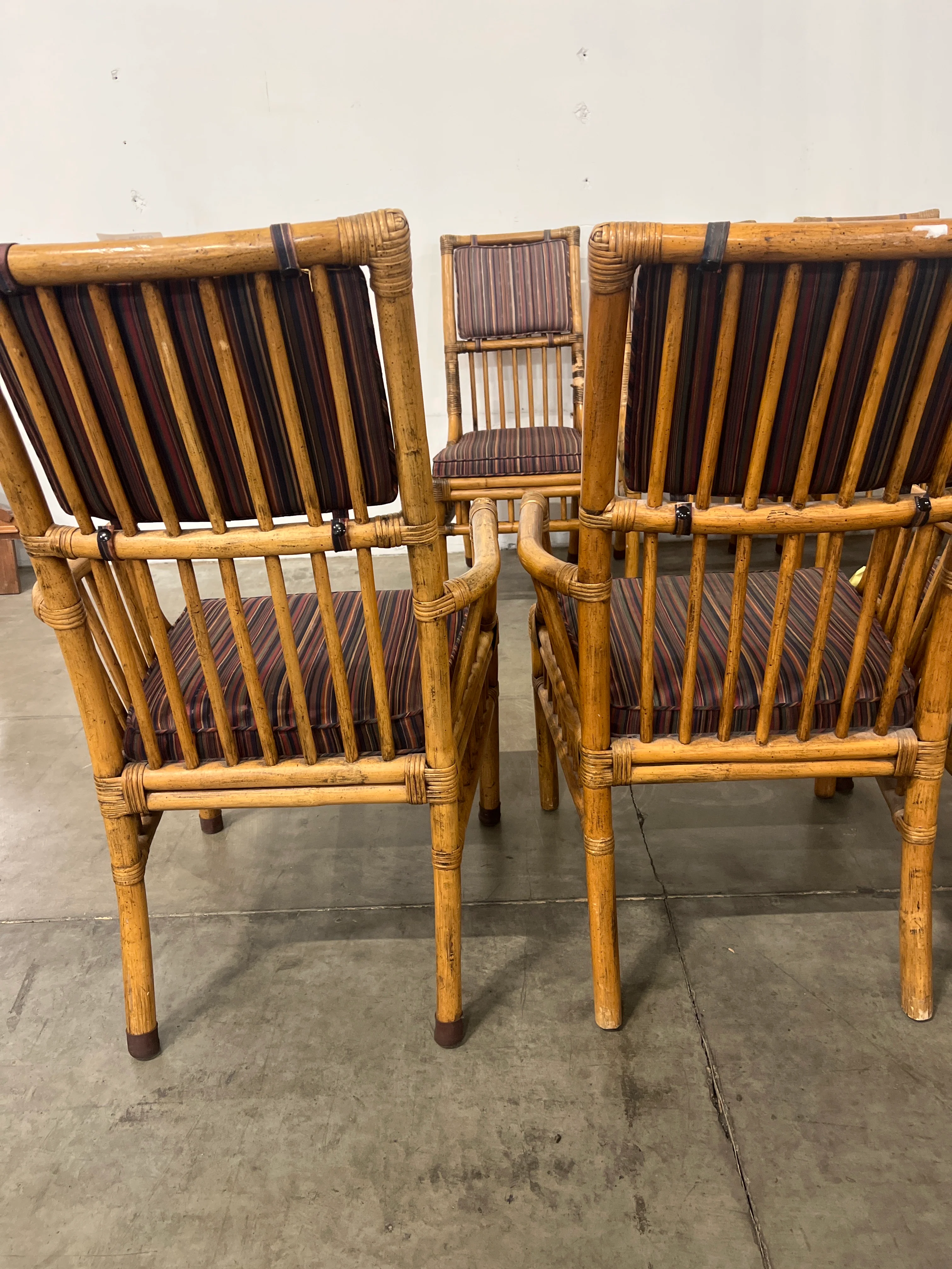 Henredon Bamboo Rattan Captain’s Chair Set – Striped Cushion, with Arms - Image 9