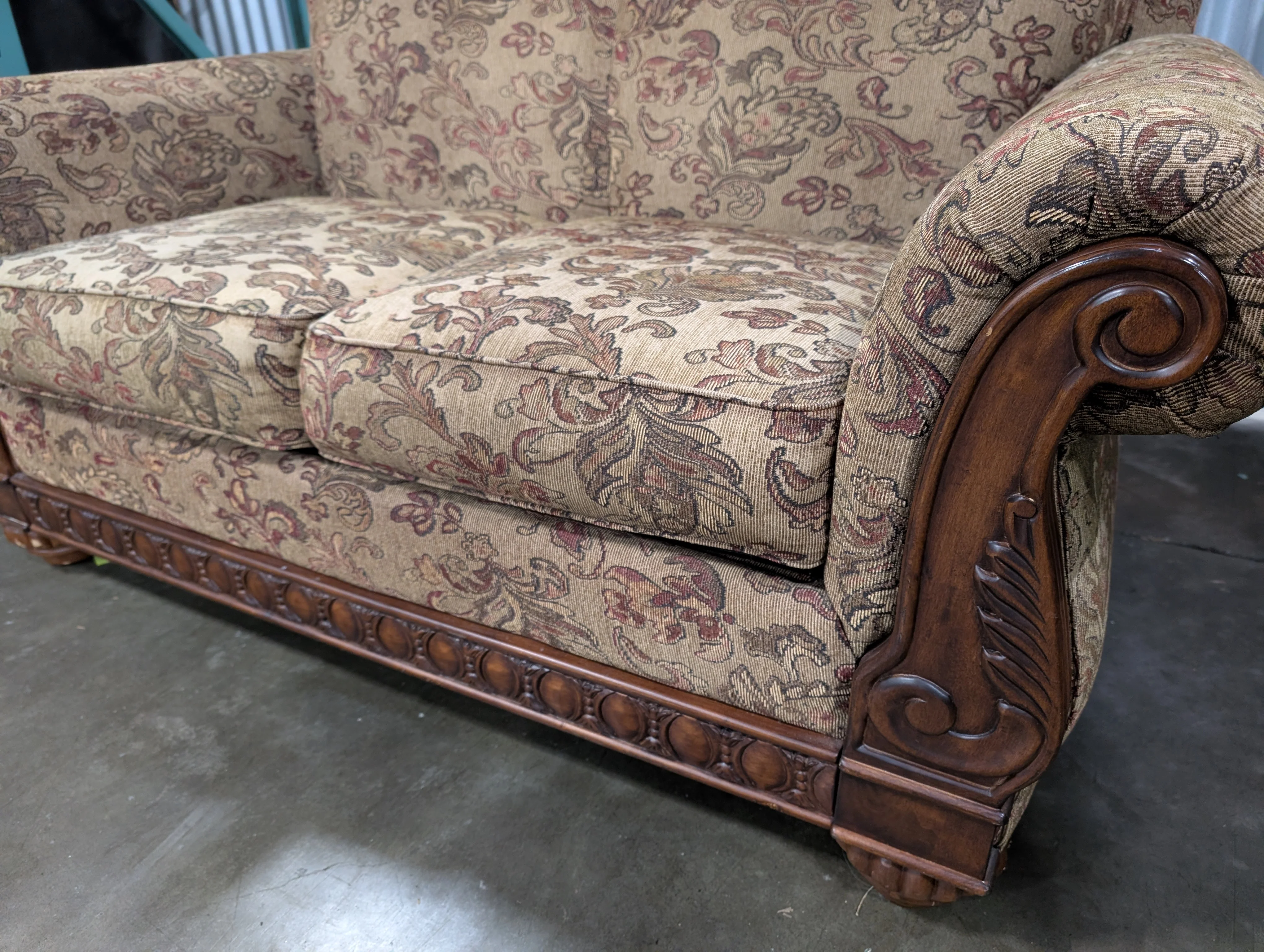 Carved Wood Frame Loveseat - Image 4