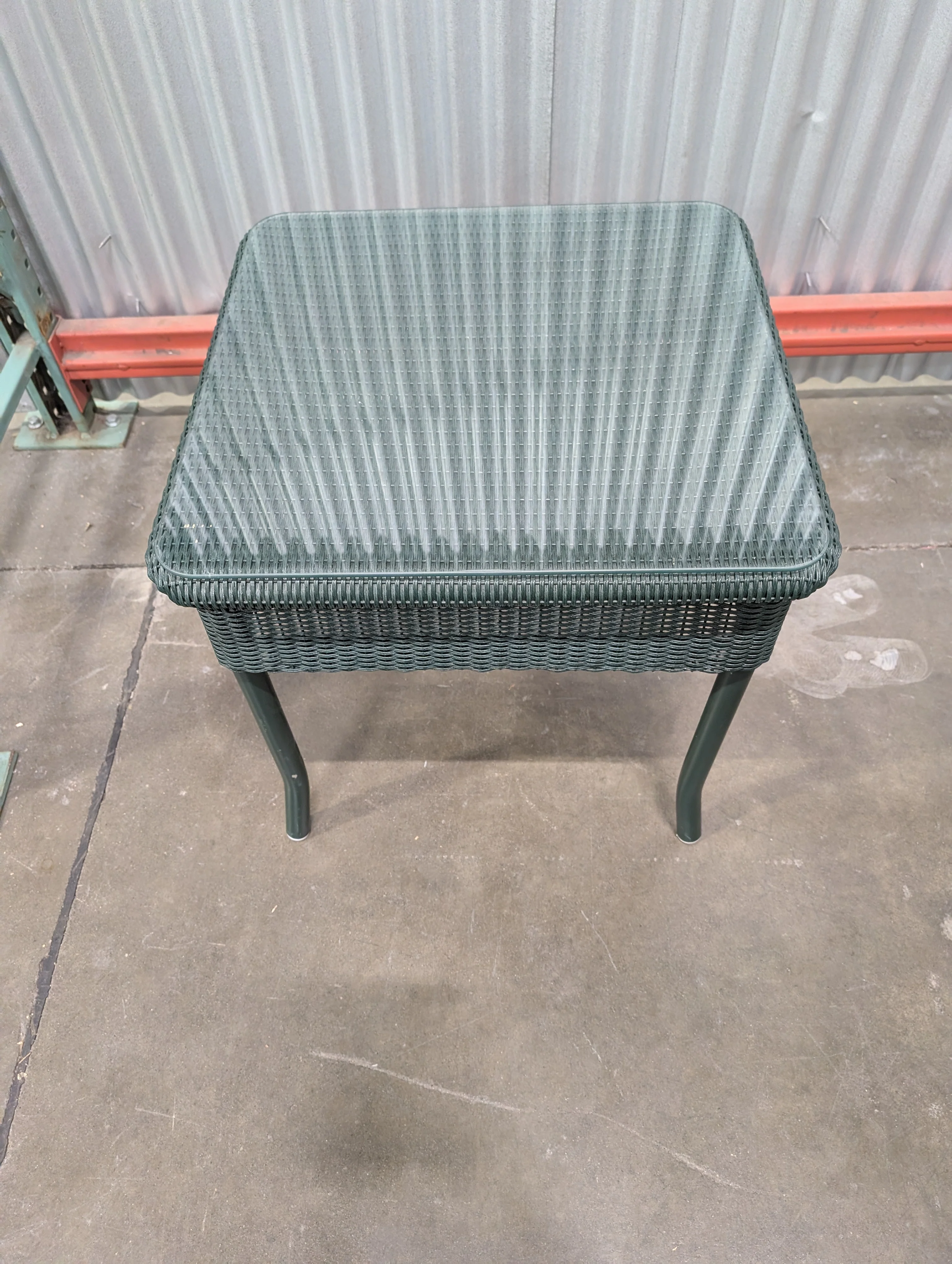Small Green Resin Wicker Woven Outdoor Table with Glass Top - Image 3