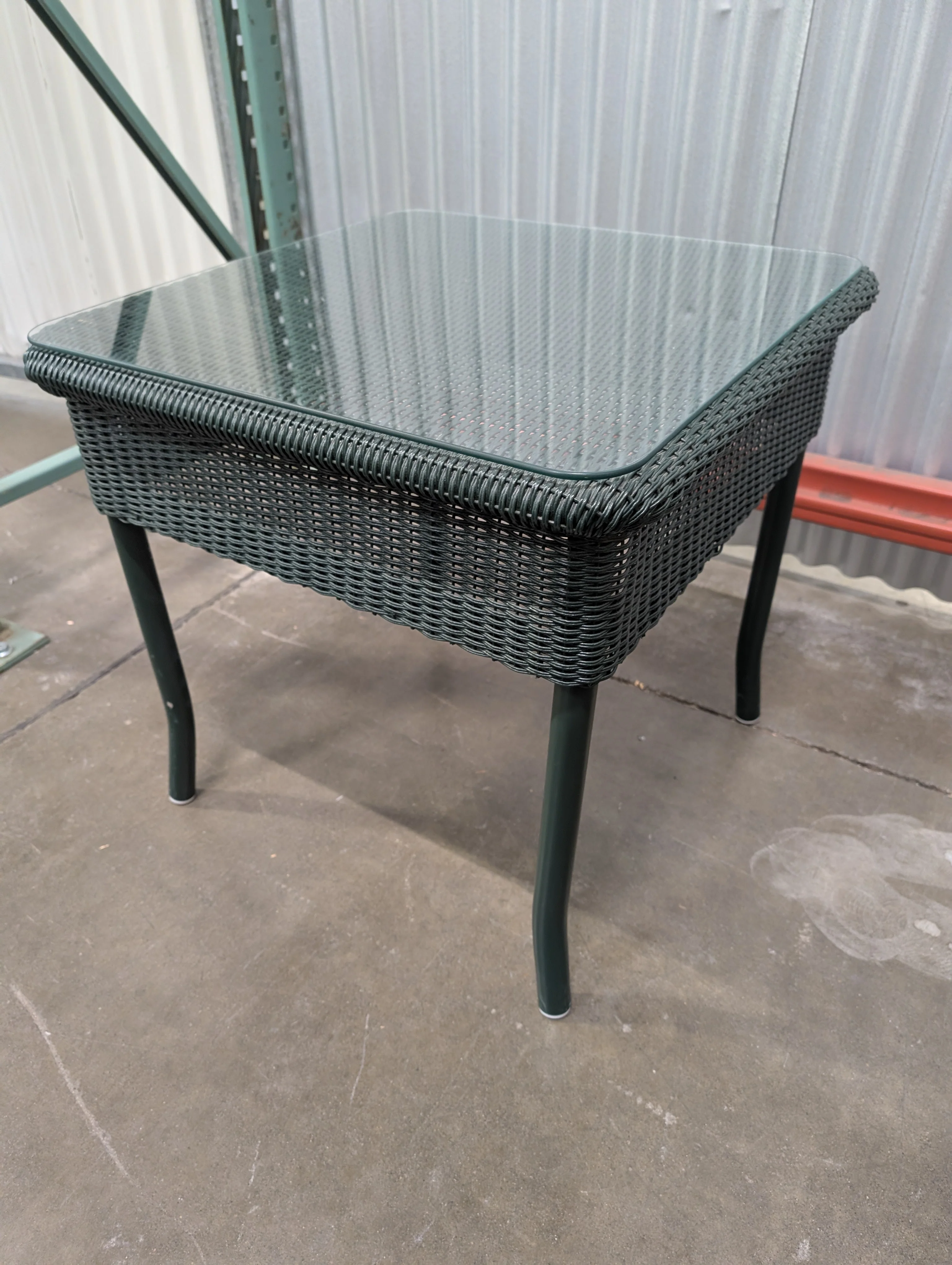 Small Green Resin Wicker Woven Outdoor Table with Glass Top - Image 4
