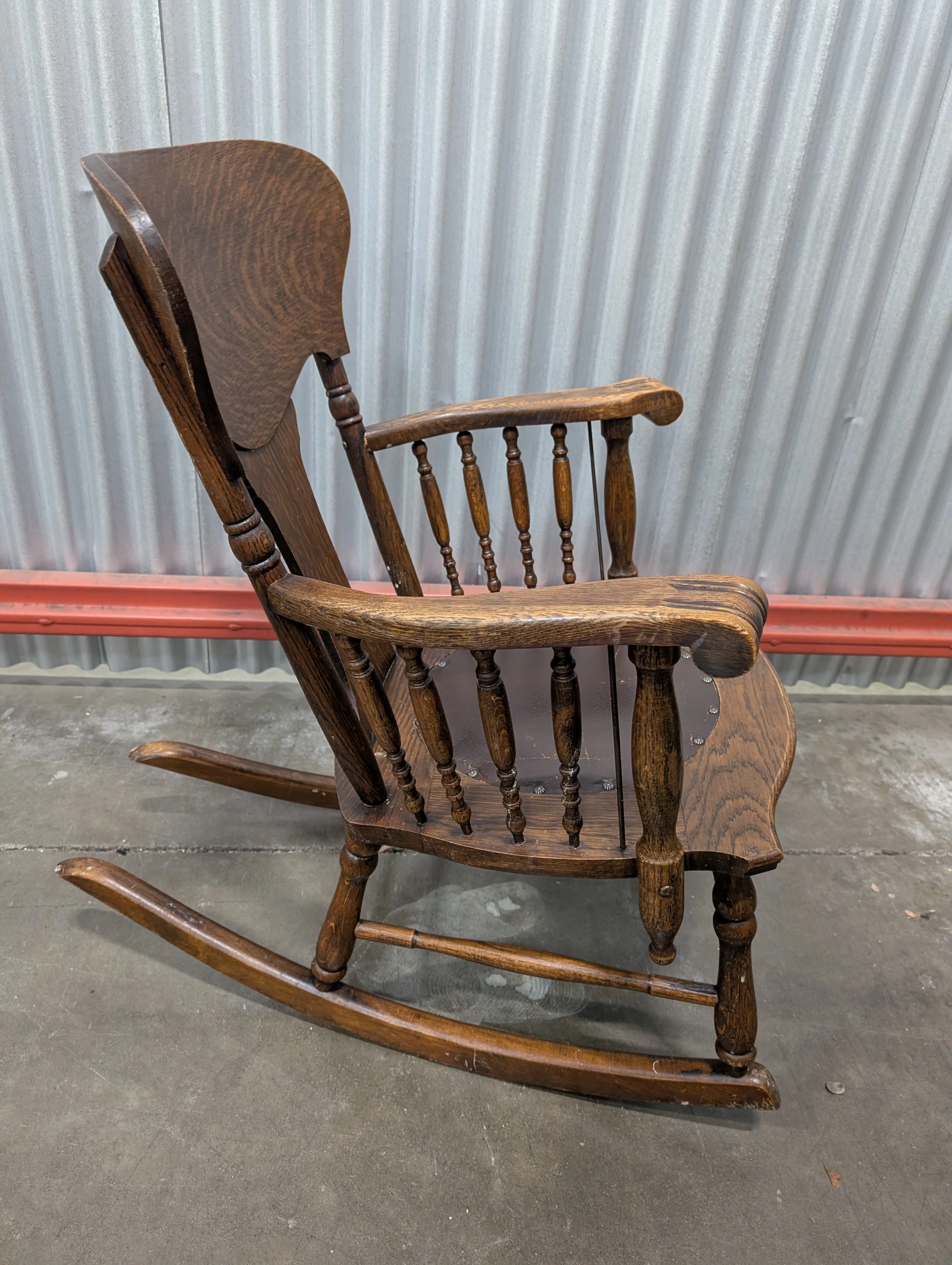 Antique Dark Wood Rocking Chair with Leather Seat - Image 3