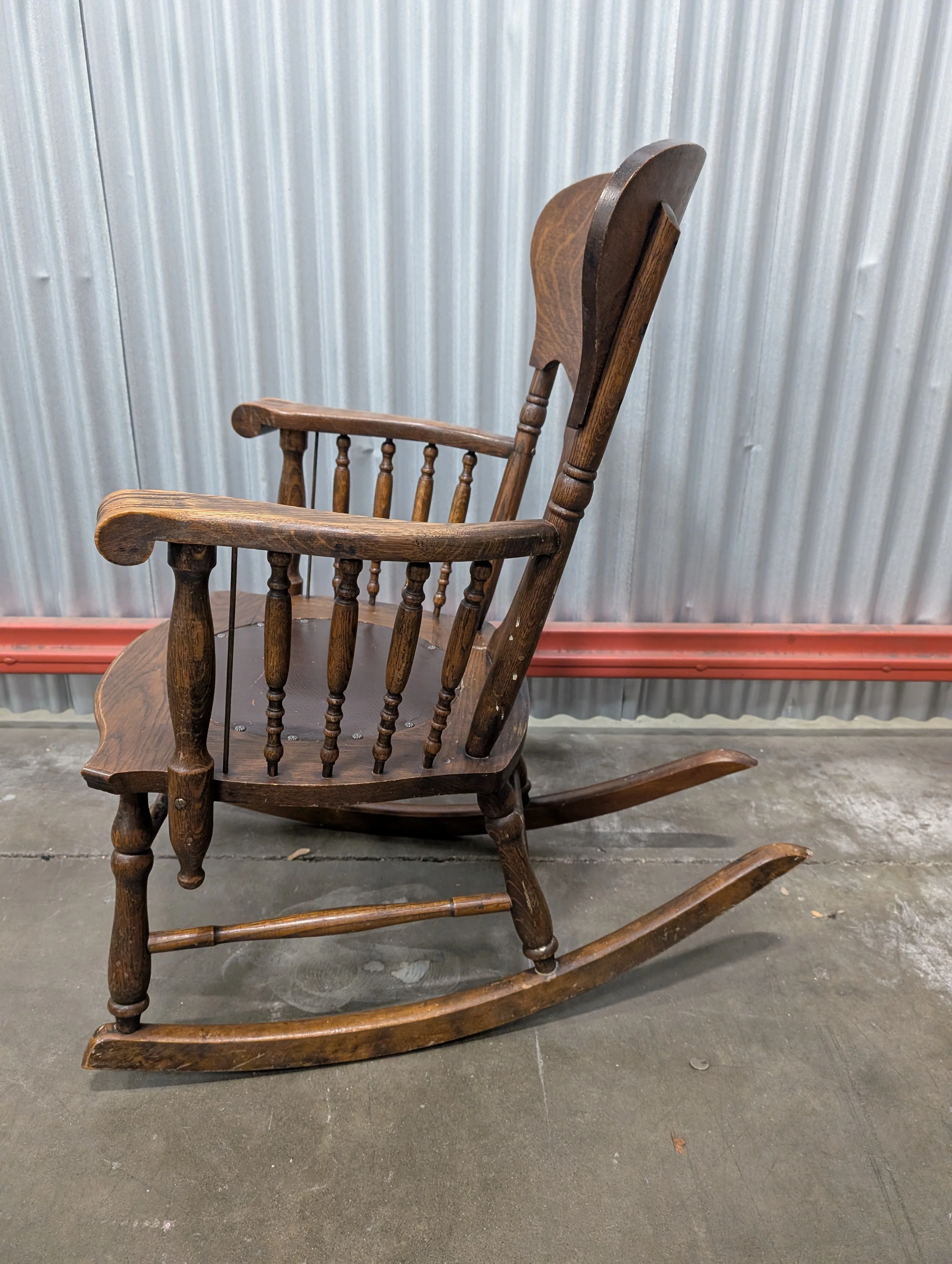 Antique Dark Wood Rocking Chair with Leather Seat - Image 4