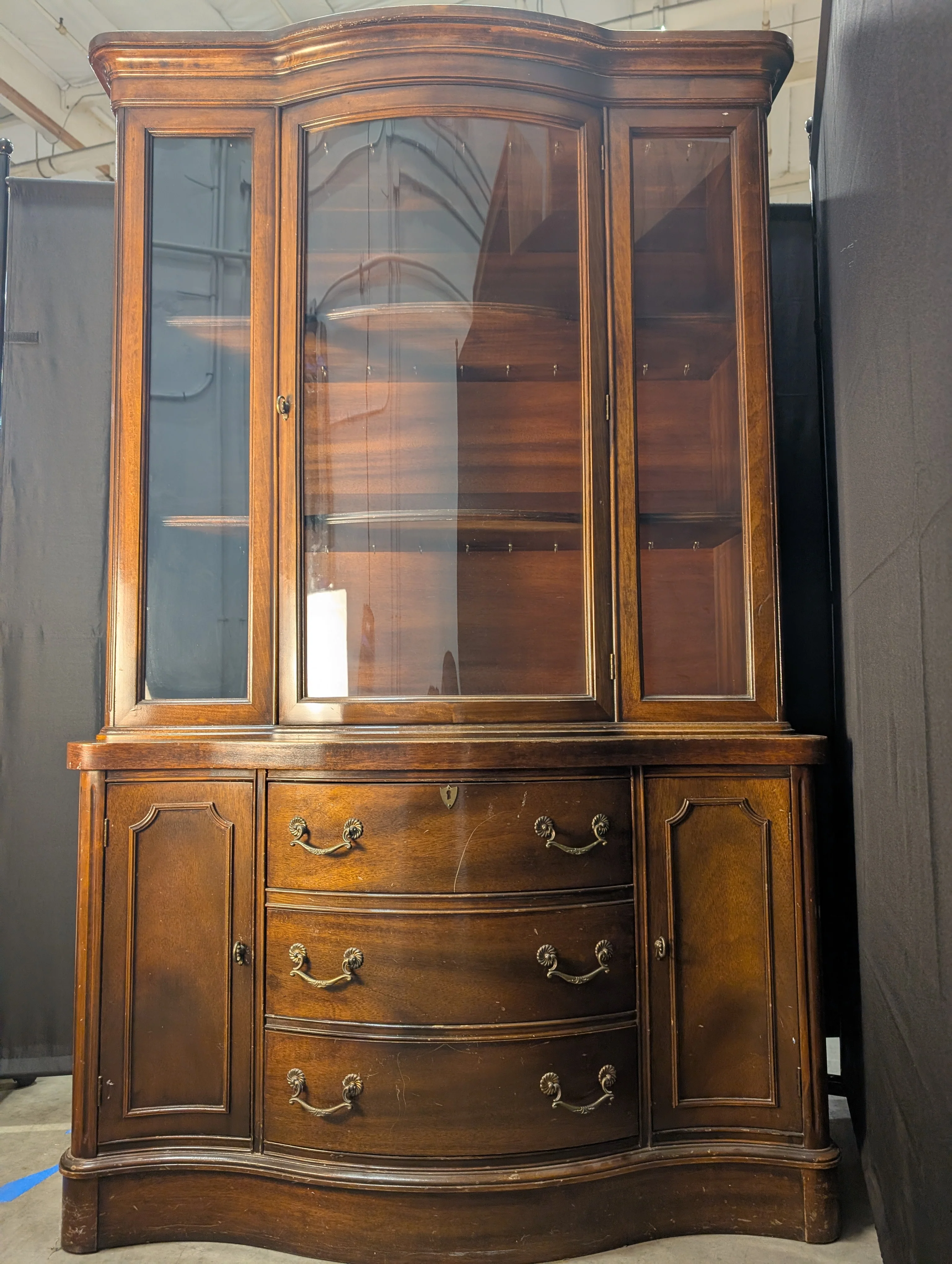 Curved Hardwood China Cabinet with Glass Doors