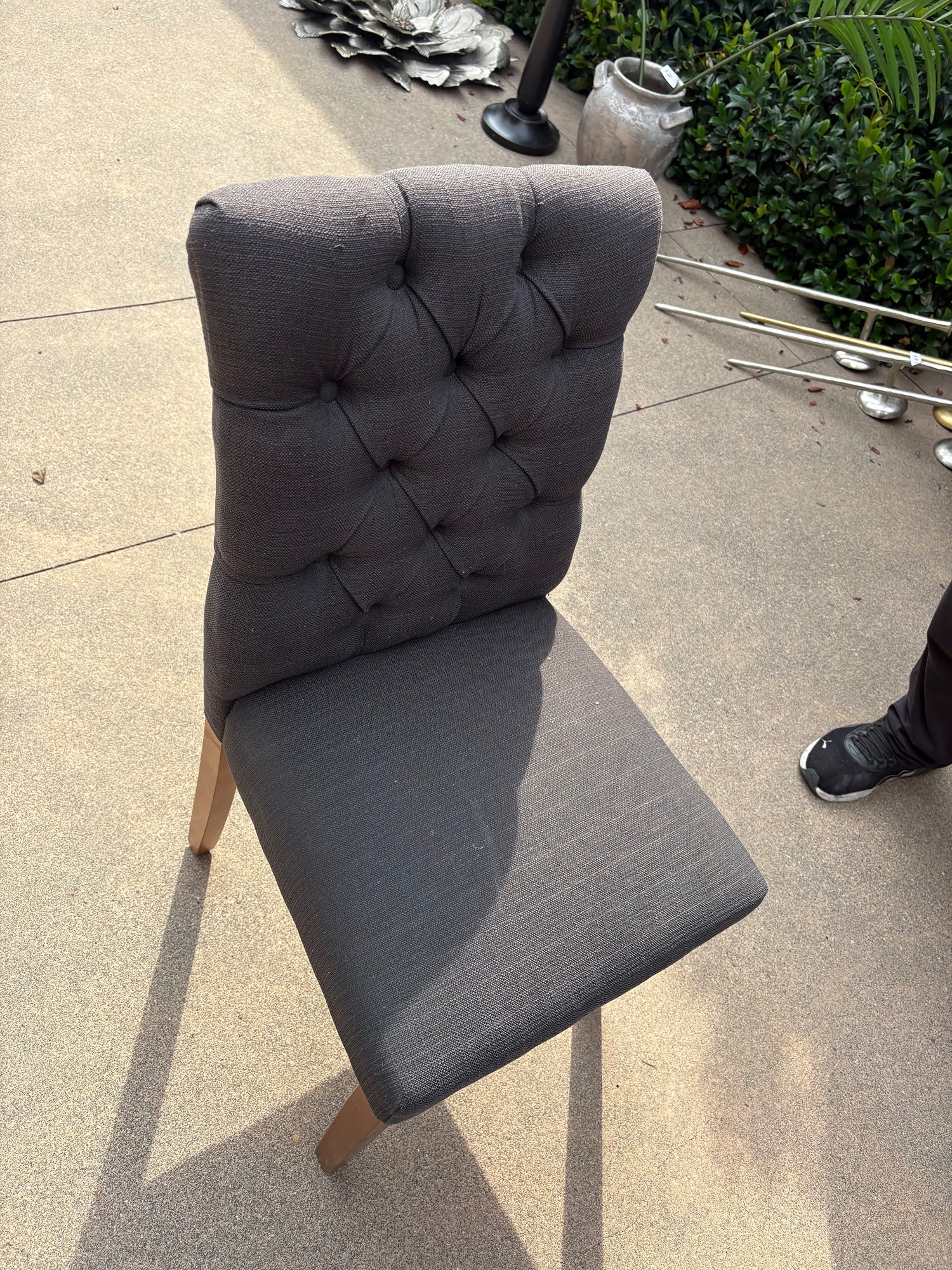 Dark Gray Button-Tufted Dining Chair with Wood Legs