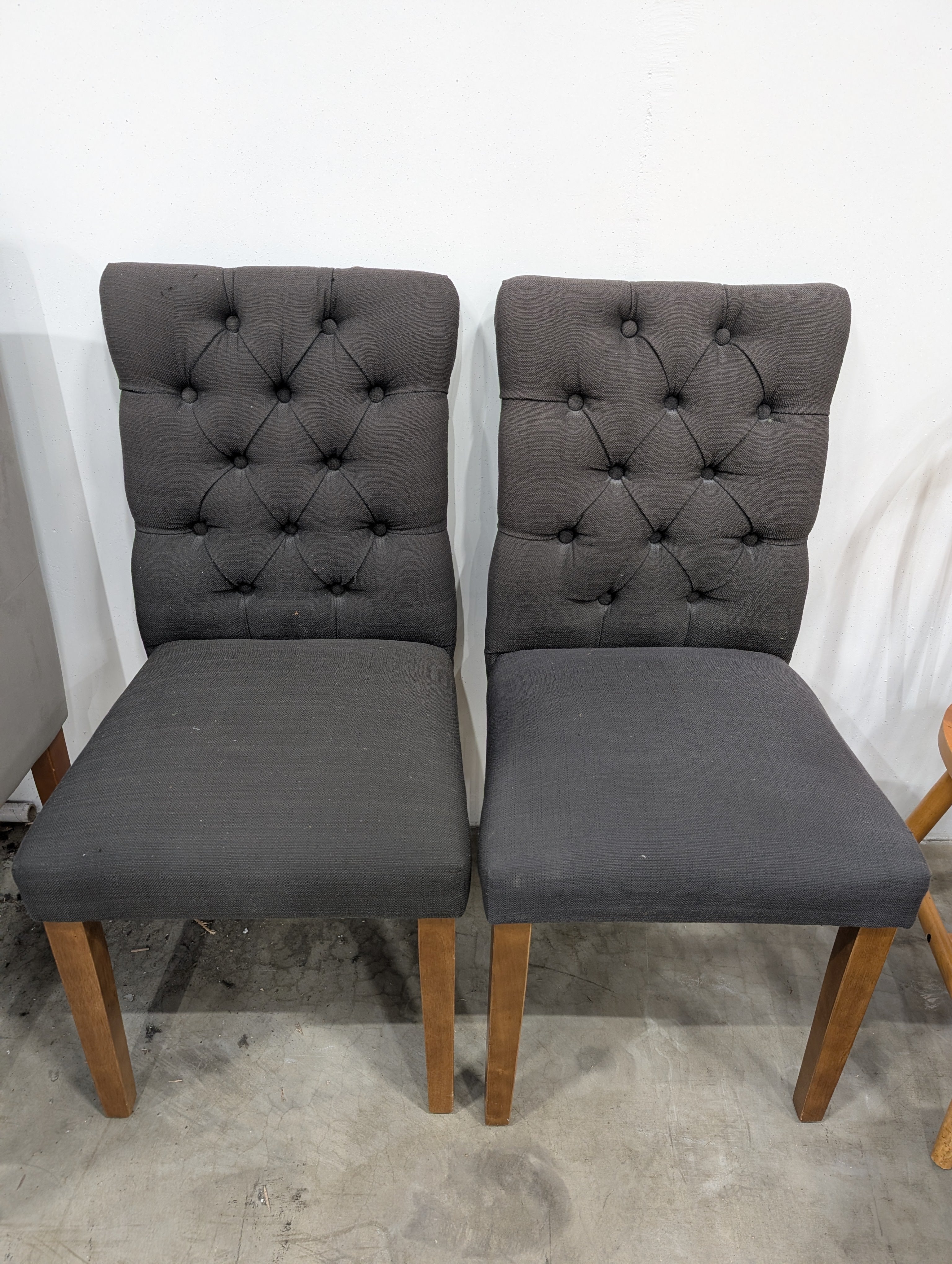 Dark Gray Button-Tufted Dining Chair with Wood Legs - Image 2