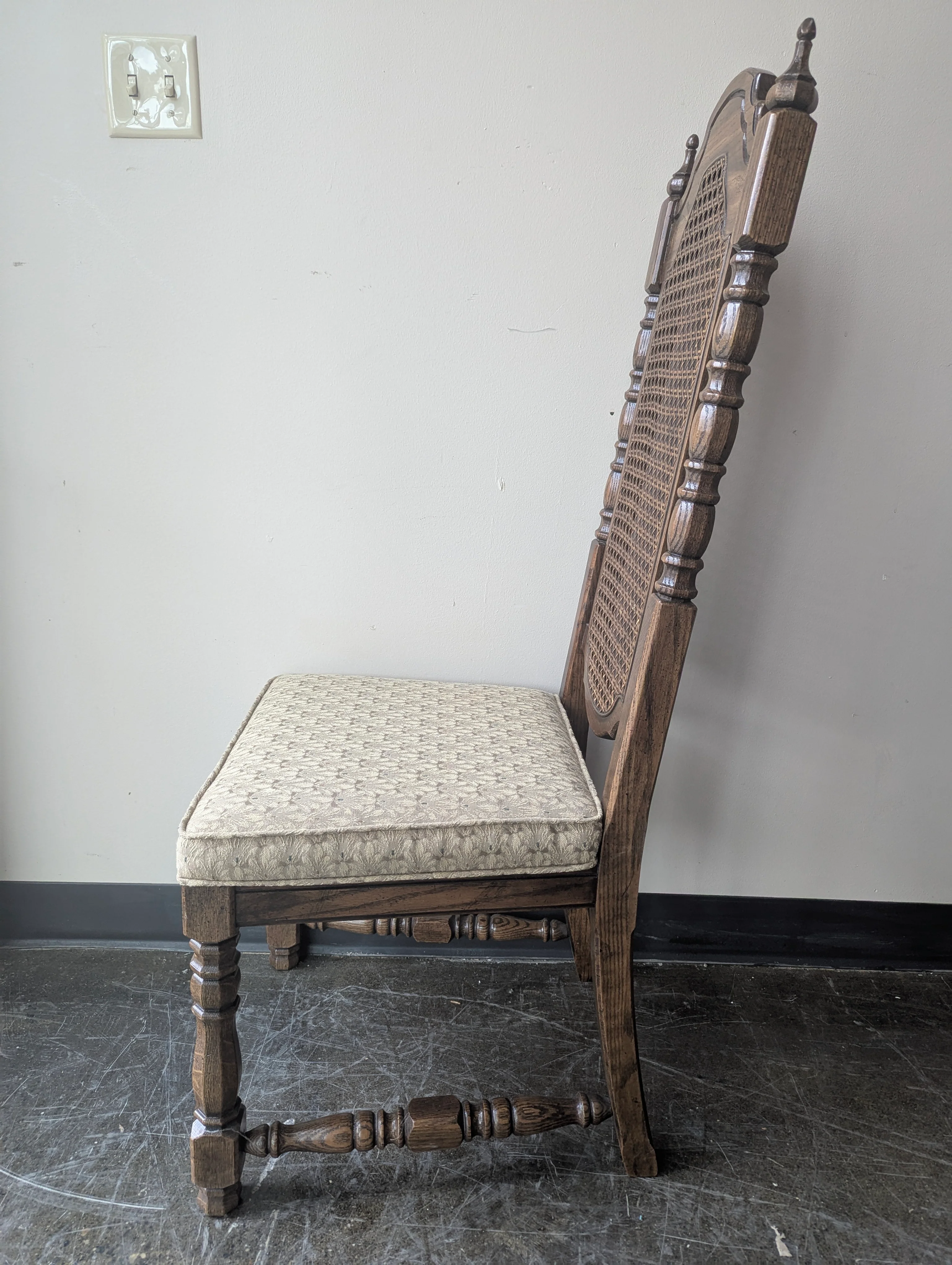 Vintage Carved Wood Cane Back Upholstered Dining Chair - Image 4