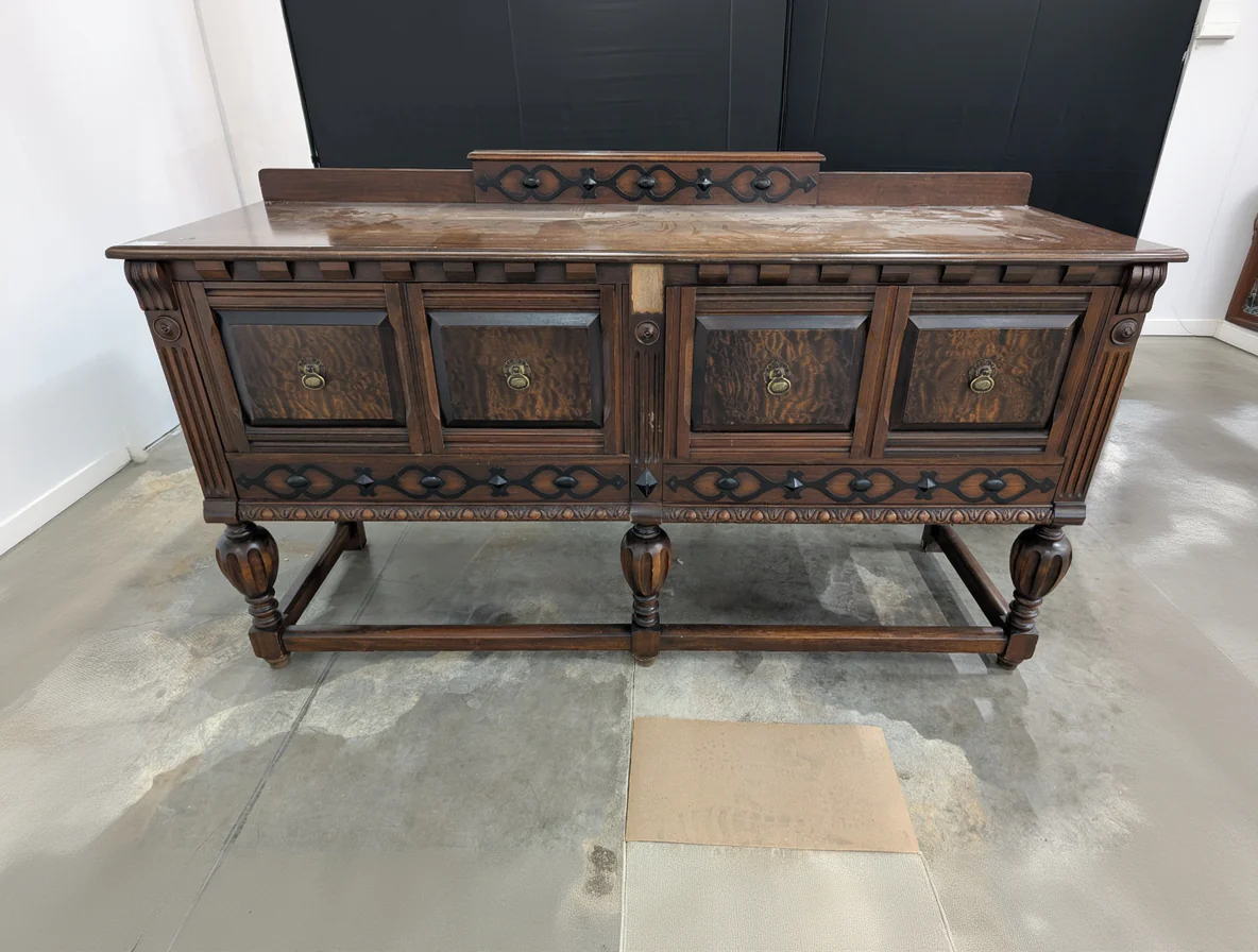 Vintage Dark Wood Sideboard with Ornate Backsplash