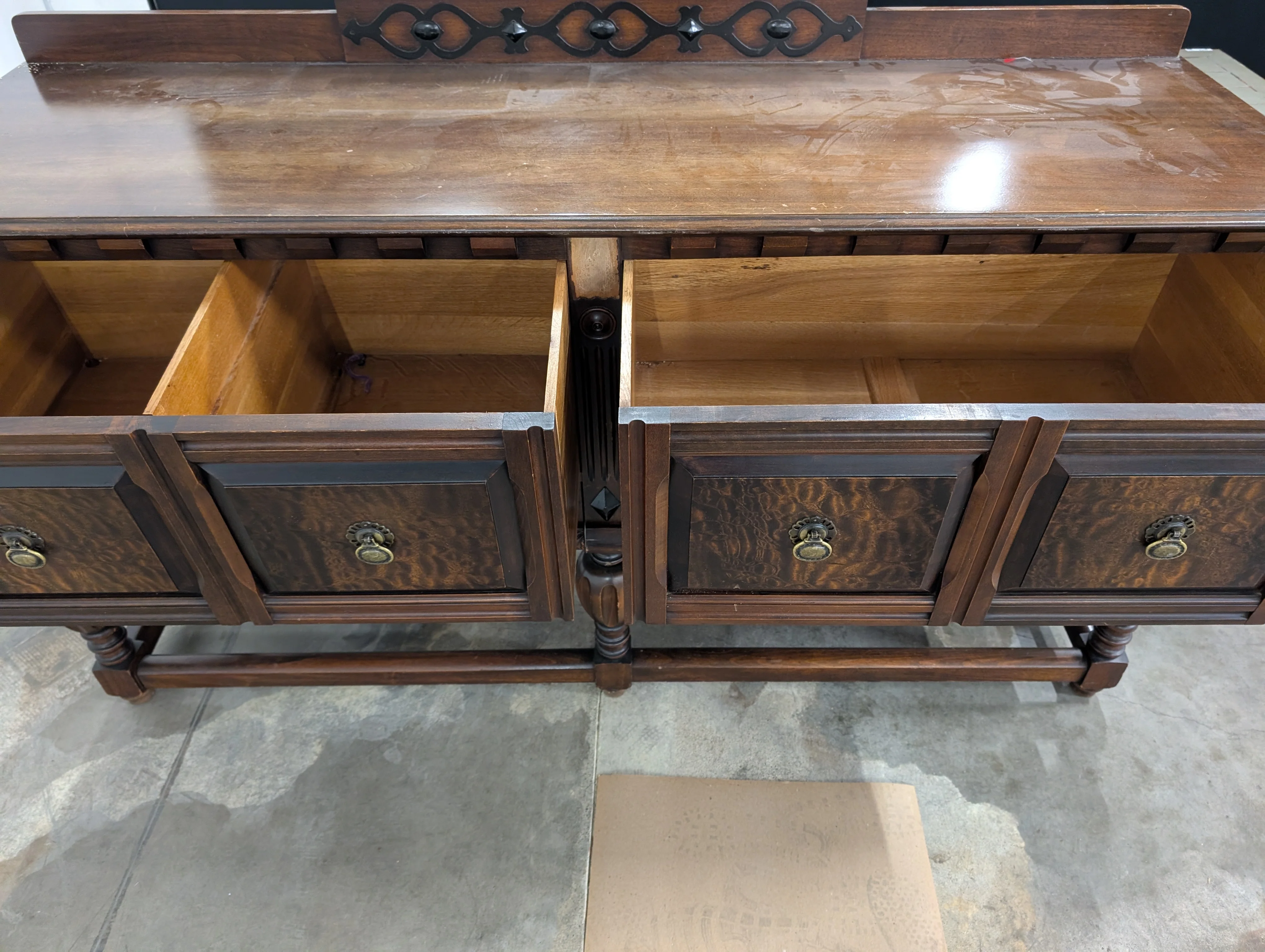 Vintage Dark Wood Sideboard with Ornate Backsplash - Image 2