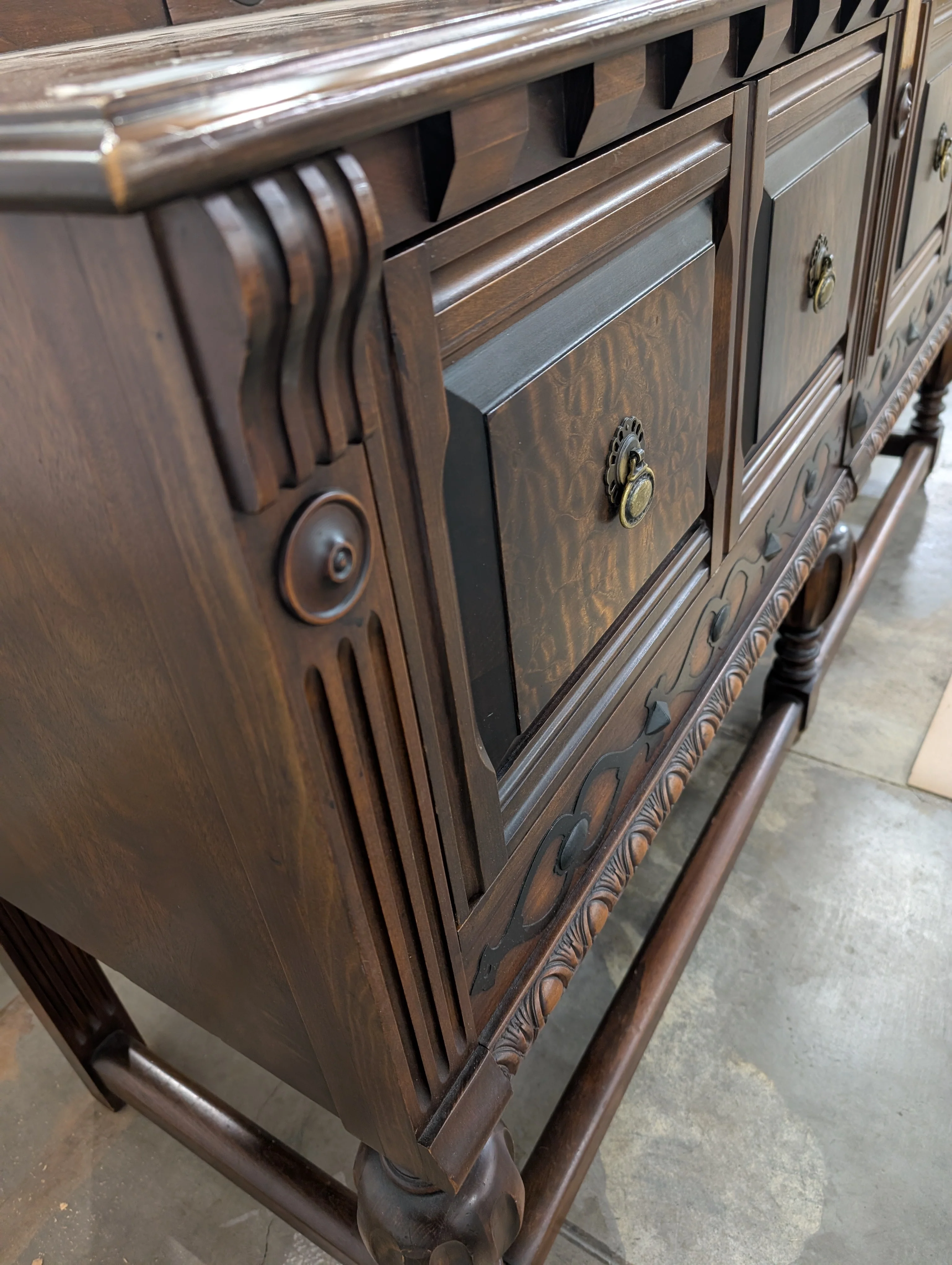 Vintage Dark Wood Sideboard with Ornate Backsplash - Image 3