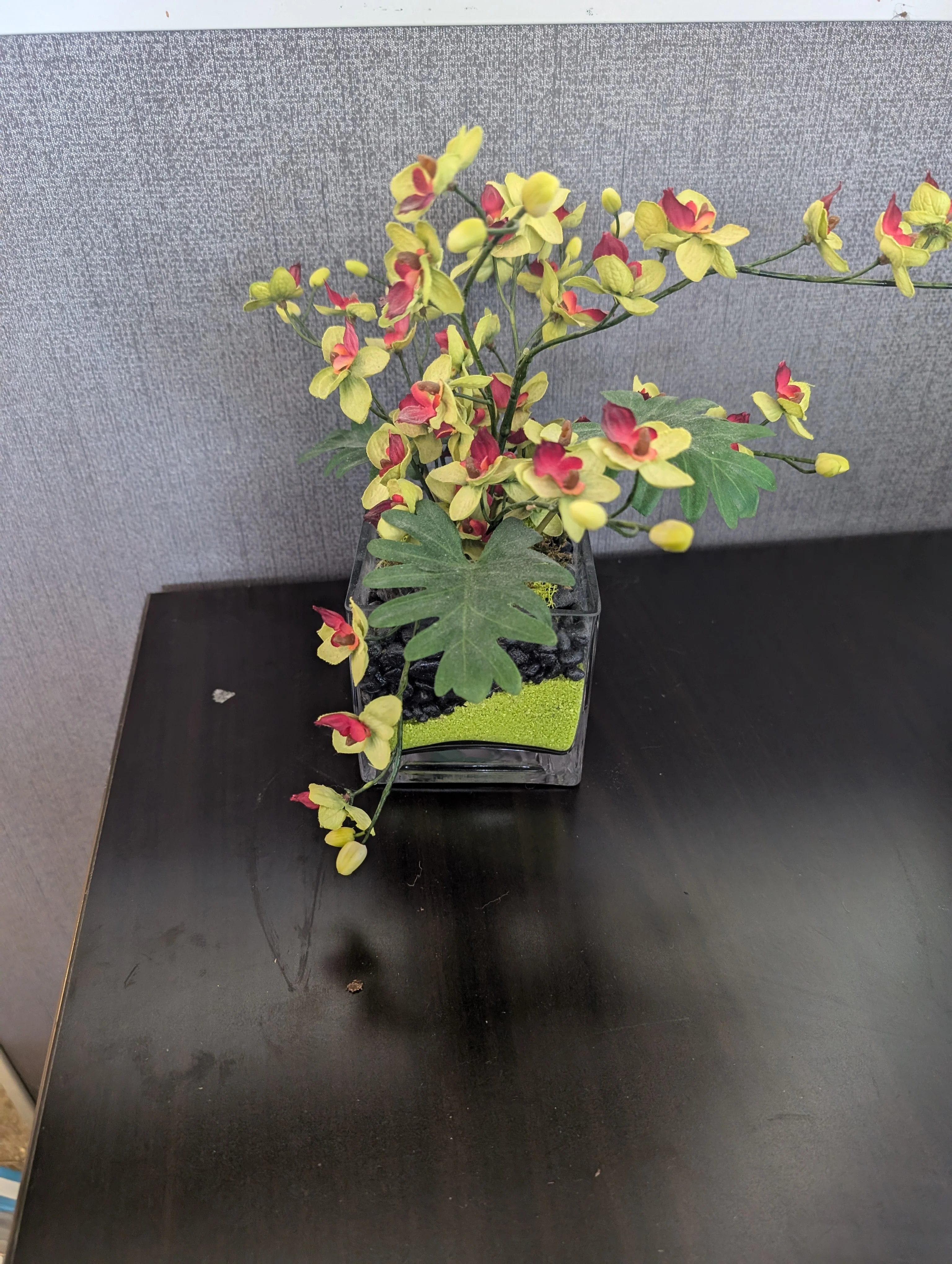 Vibrant Artificial Orchid Arrangement in Square Glass Vase - Image 3