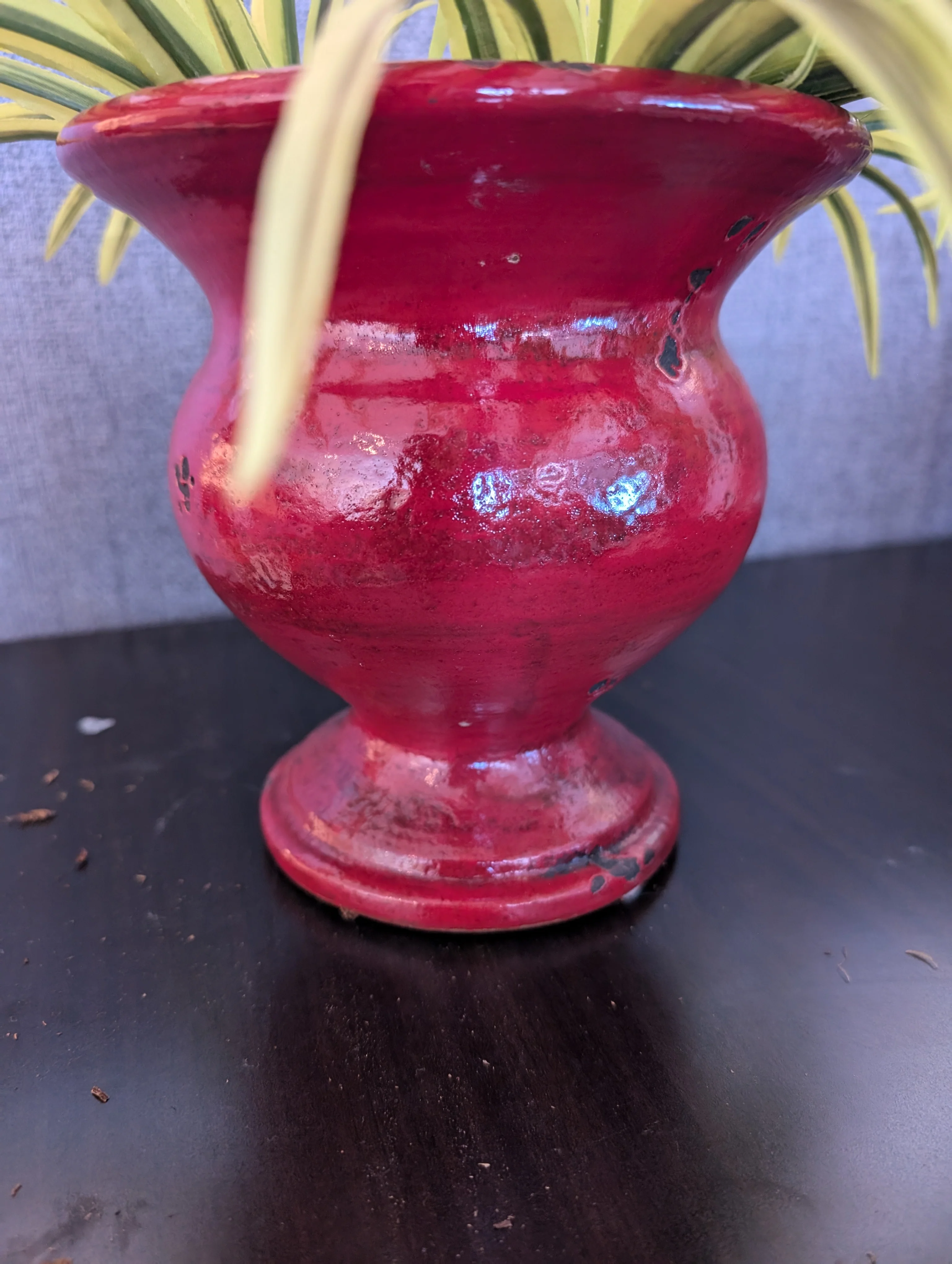 Vibrant Faux Variegated Plant in Red Decorative Pot - Image 4