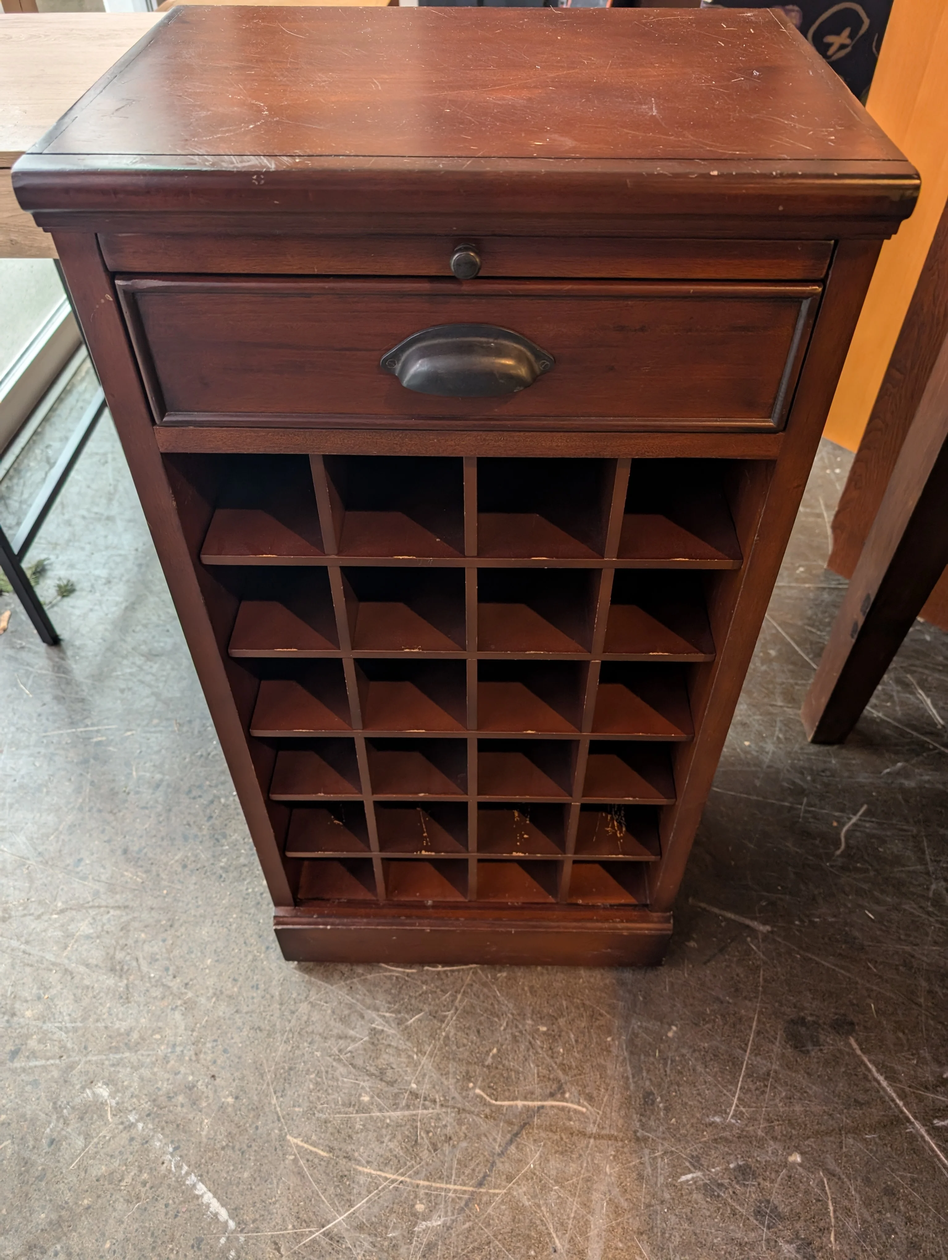 Dark Wood Wine Storage Cabinet with Drawer and 25 Bottle Slots - Image 3