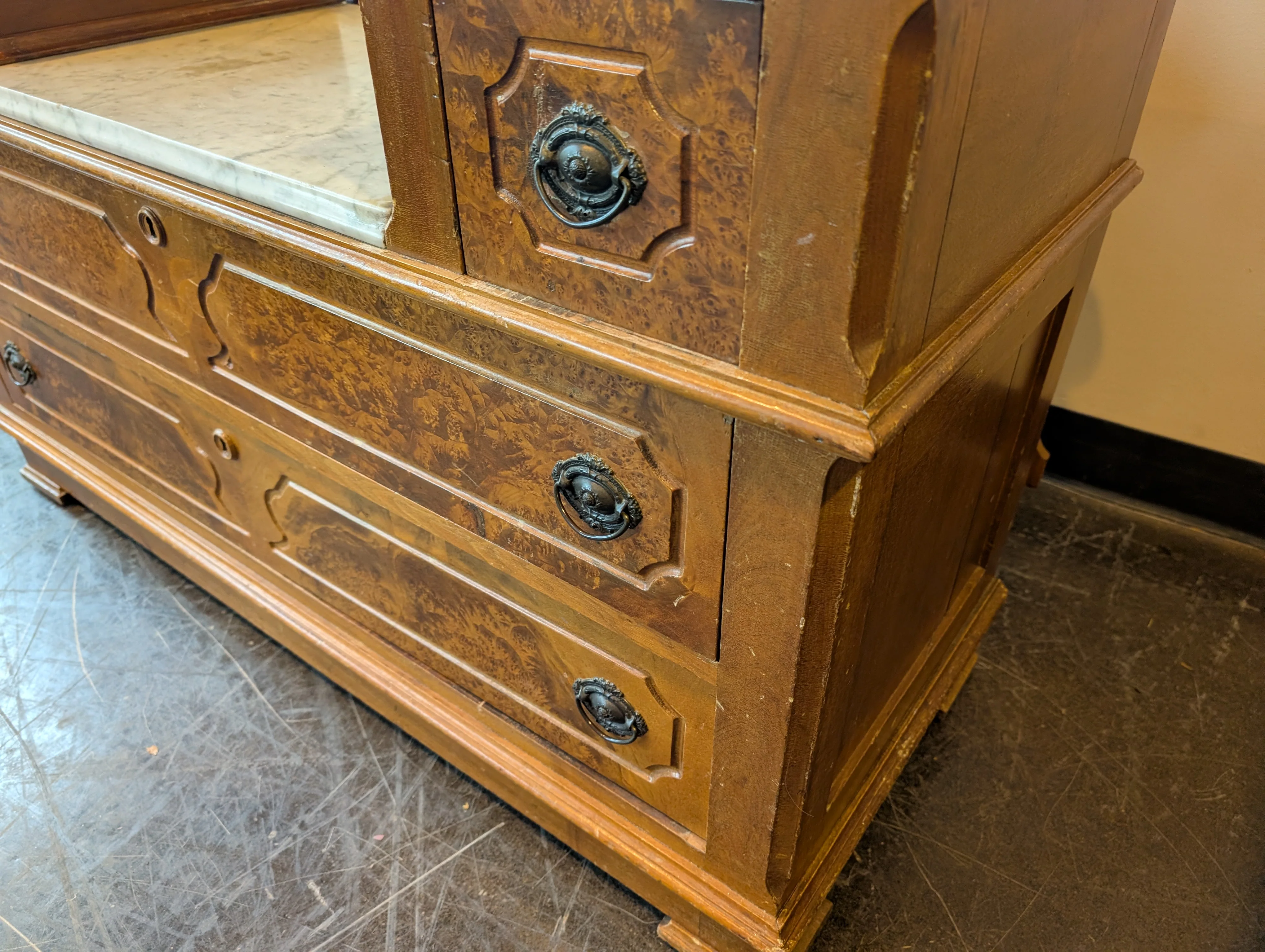 Antique Wood Five-Drawer Dresser with Marble Tops - Image 12