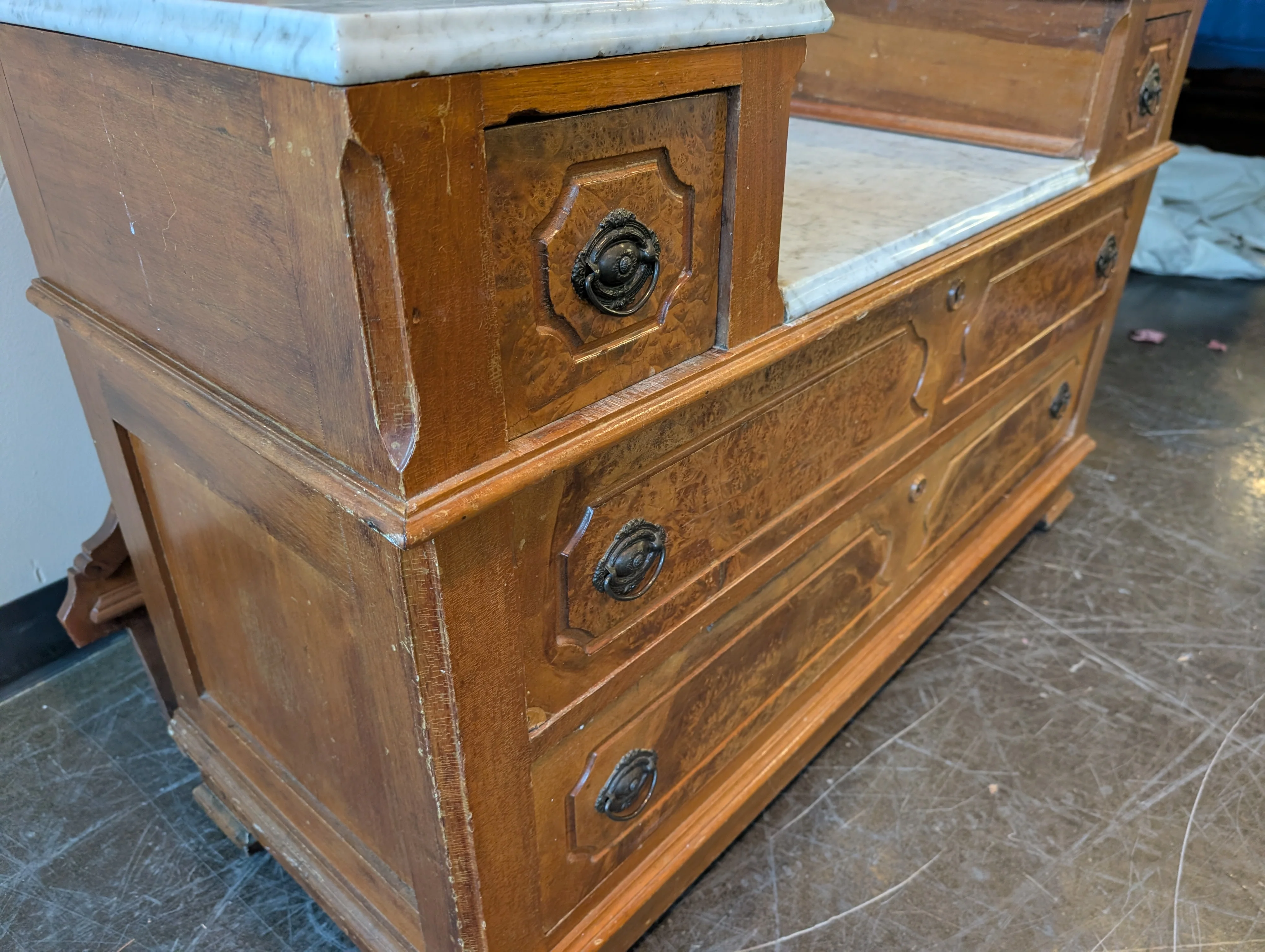 Antique Wood Five-Drawer Dresser with Marble Tops - Image 13