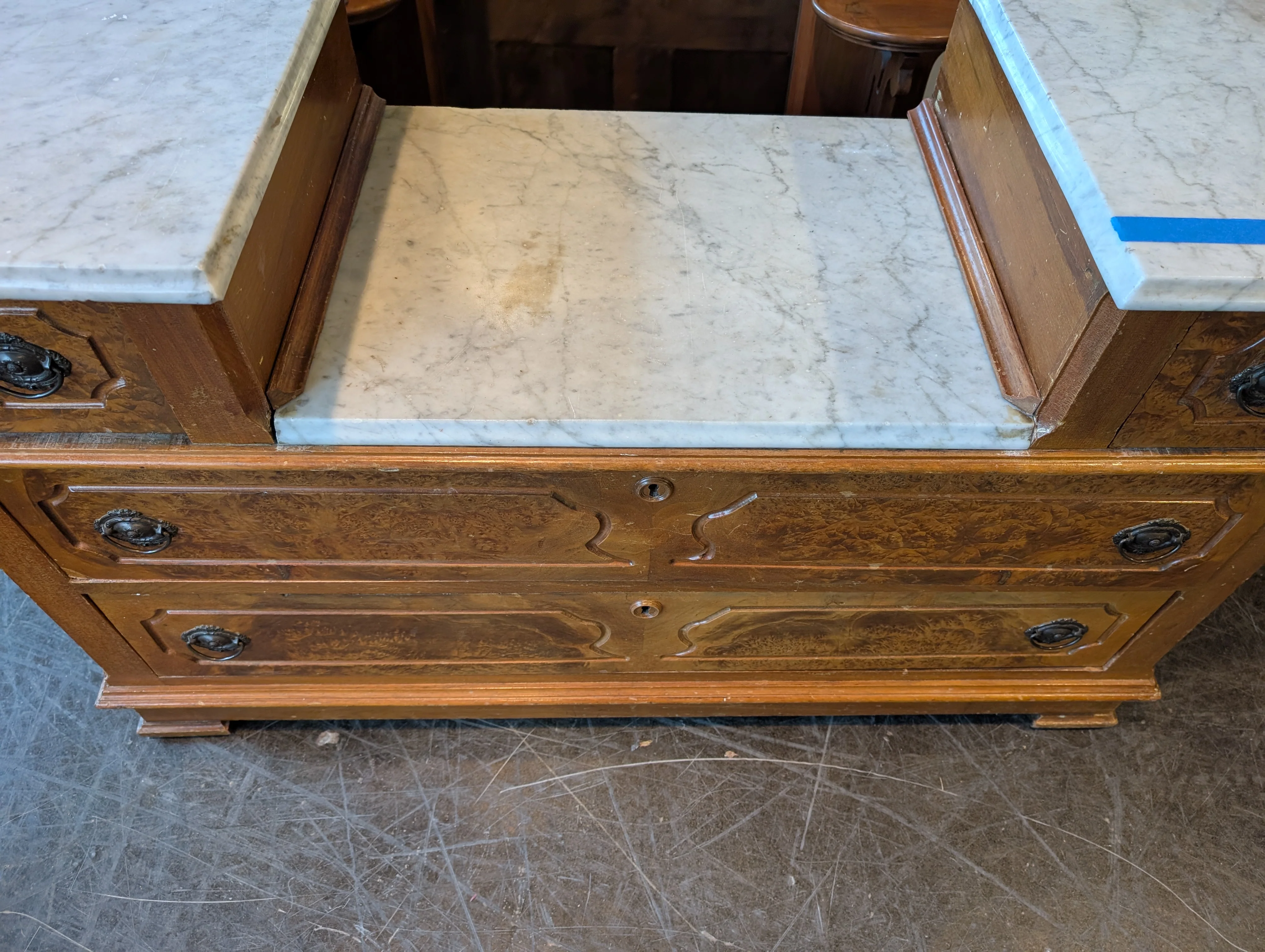 Antique Wood Five-Drawer Dresser with Marble Tops - Image 4