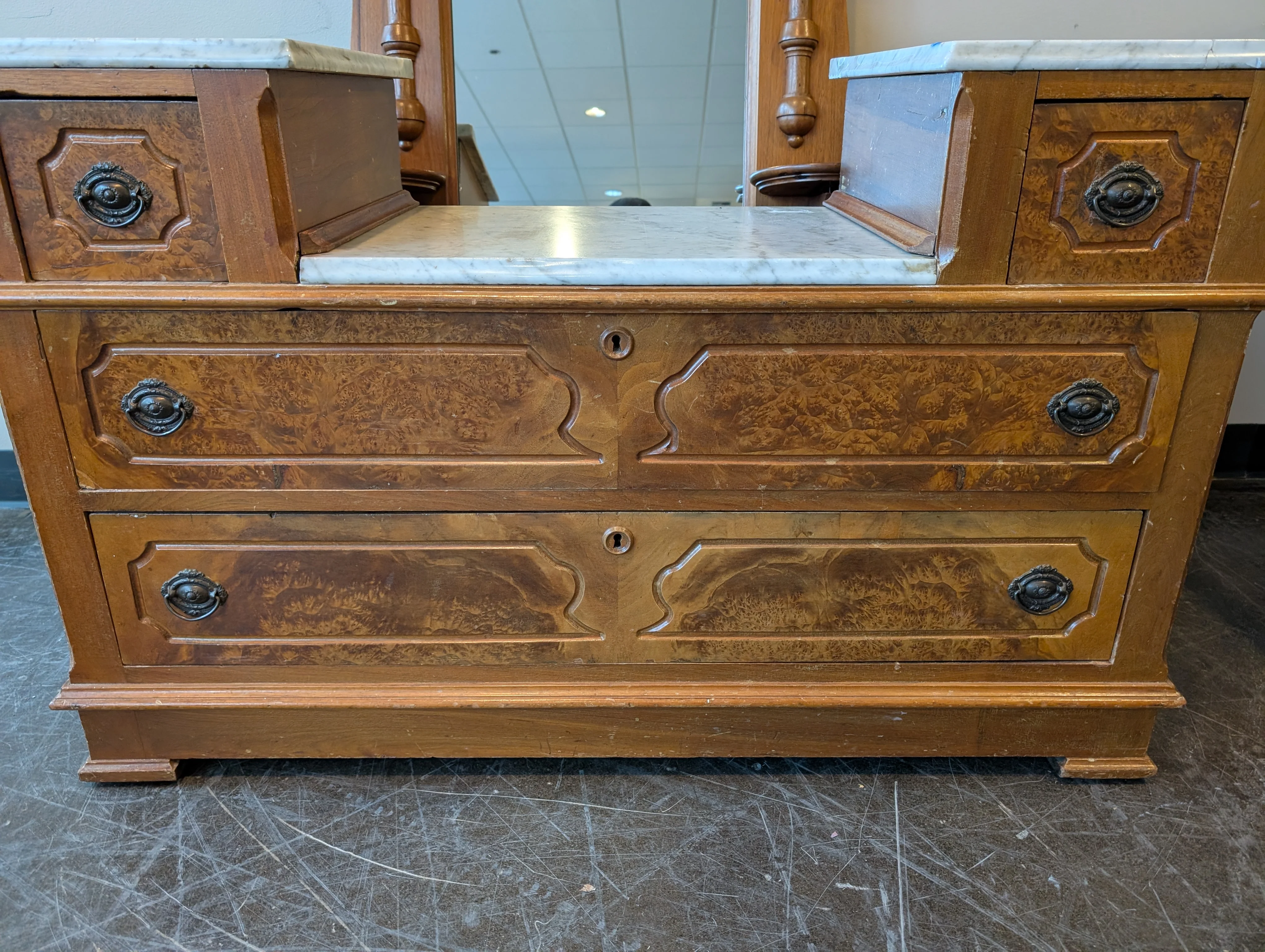 Antique Wood Five-Drawer Dresser with Marble Tops - Image 8
