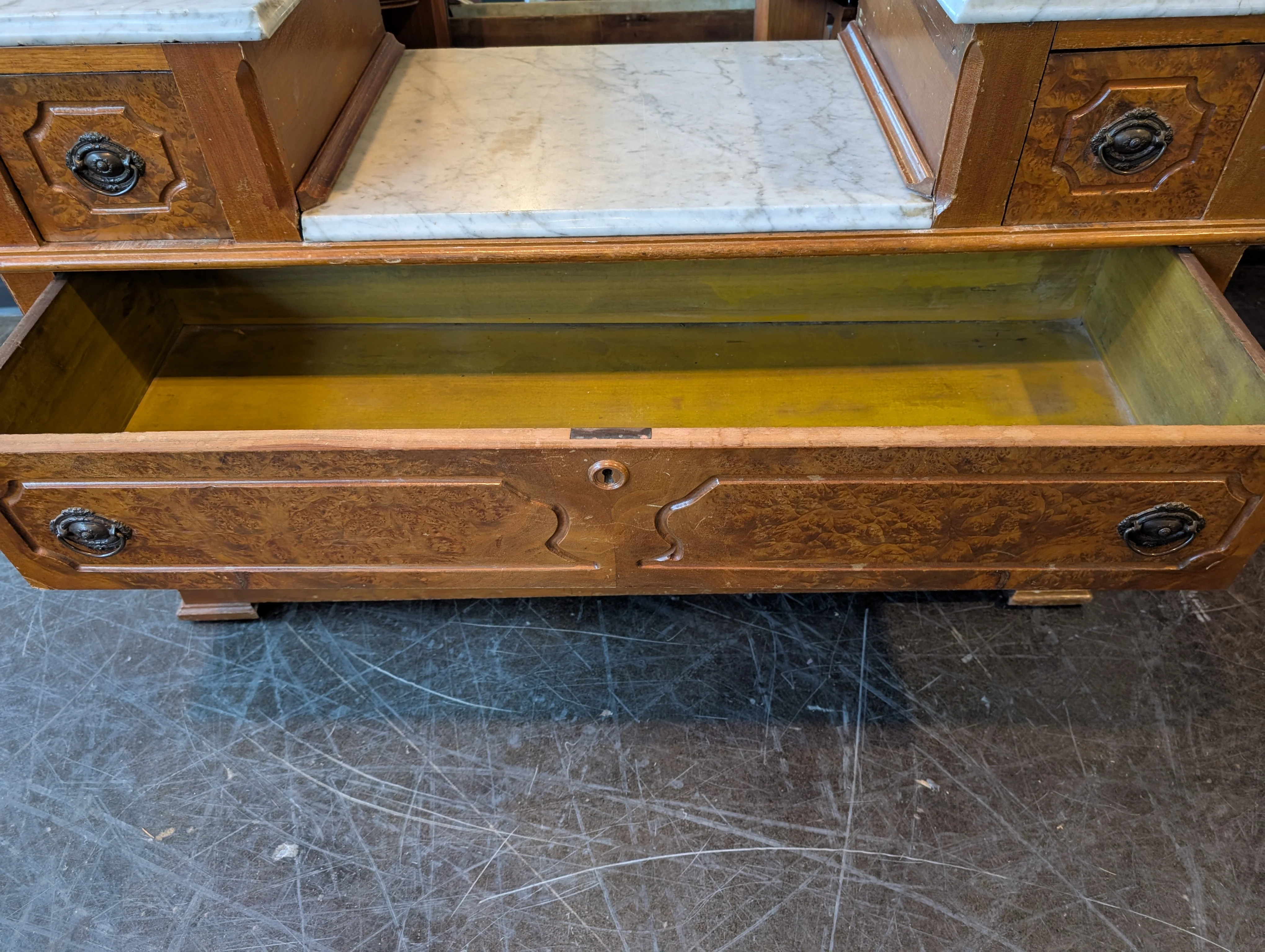 Antique Wood Five-Drawer Dresser with Marble Tops - Image 9