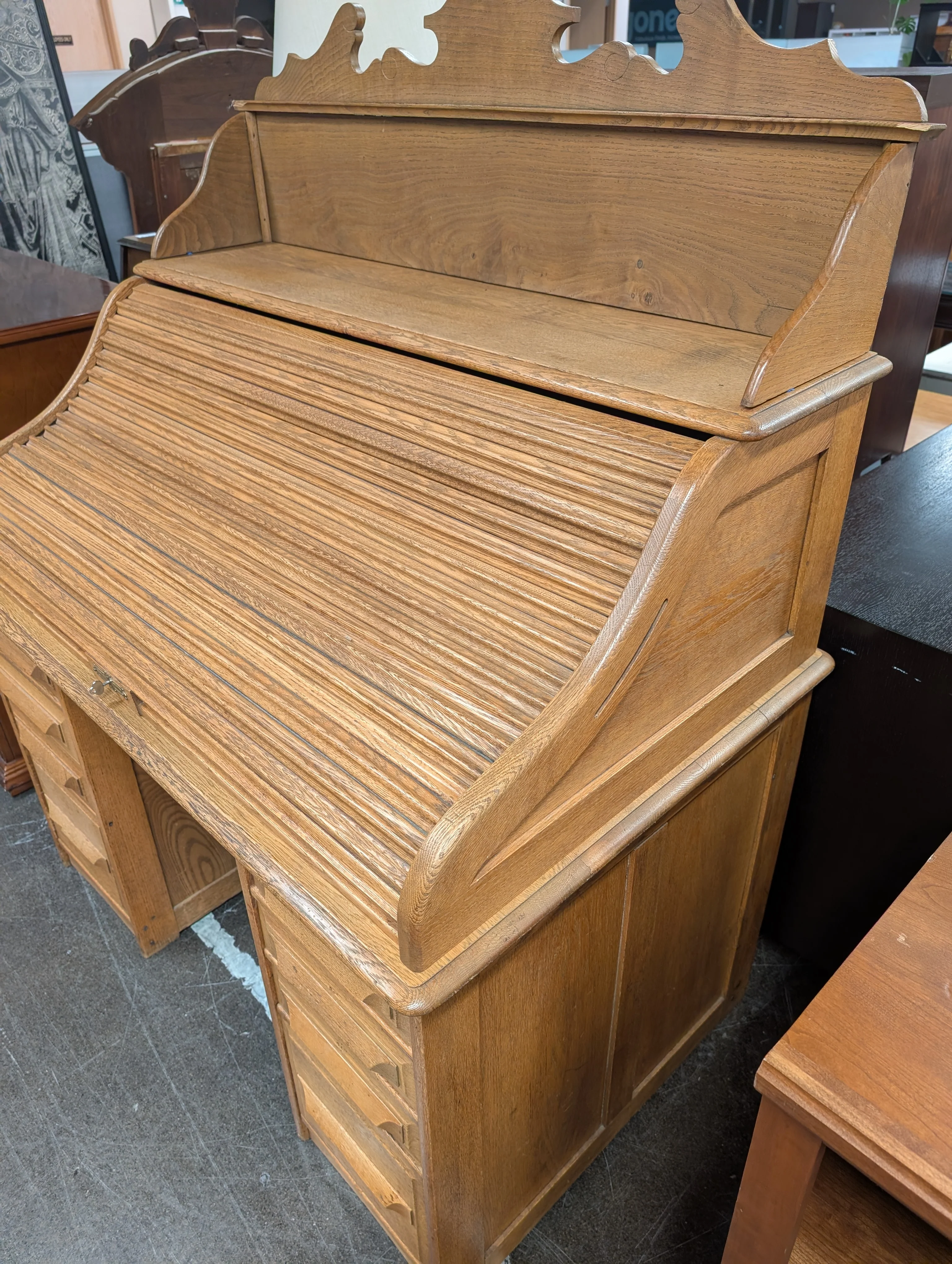 Vintage Oak Wood Roll Up Secretary Desk - Image 15