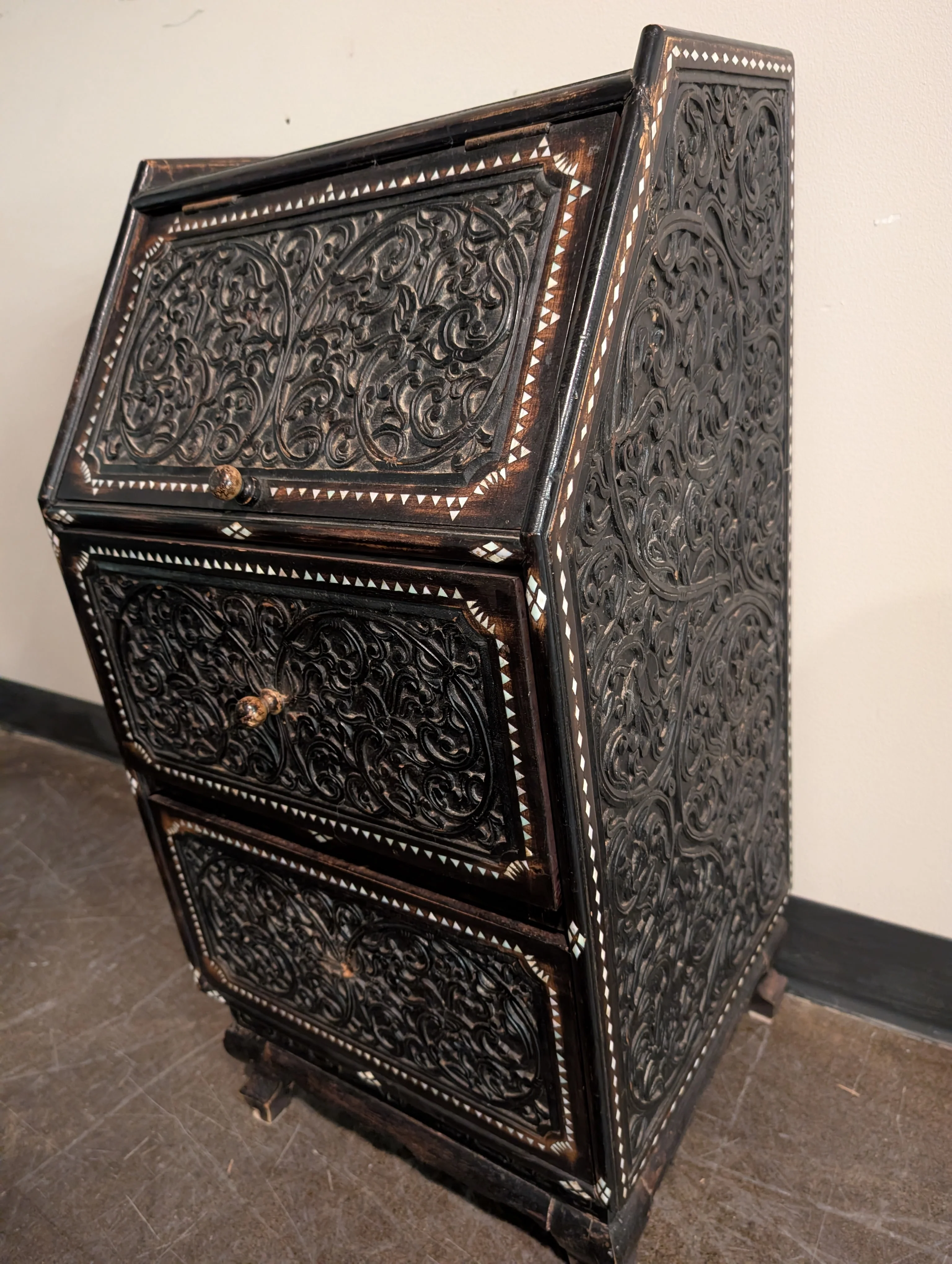 Intricate Carved Dark Wood Inlay Secretary Desk - Image 3