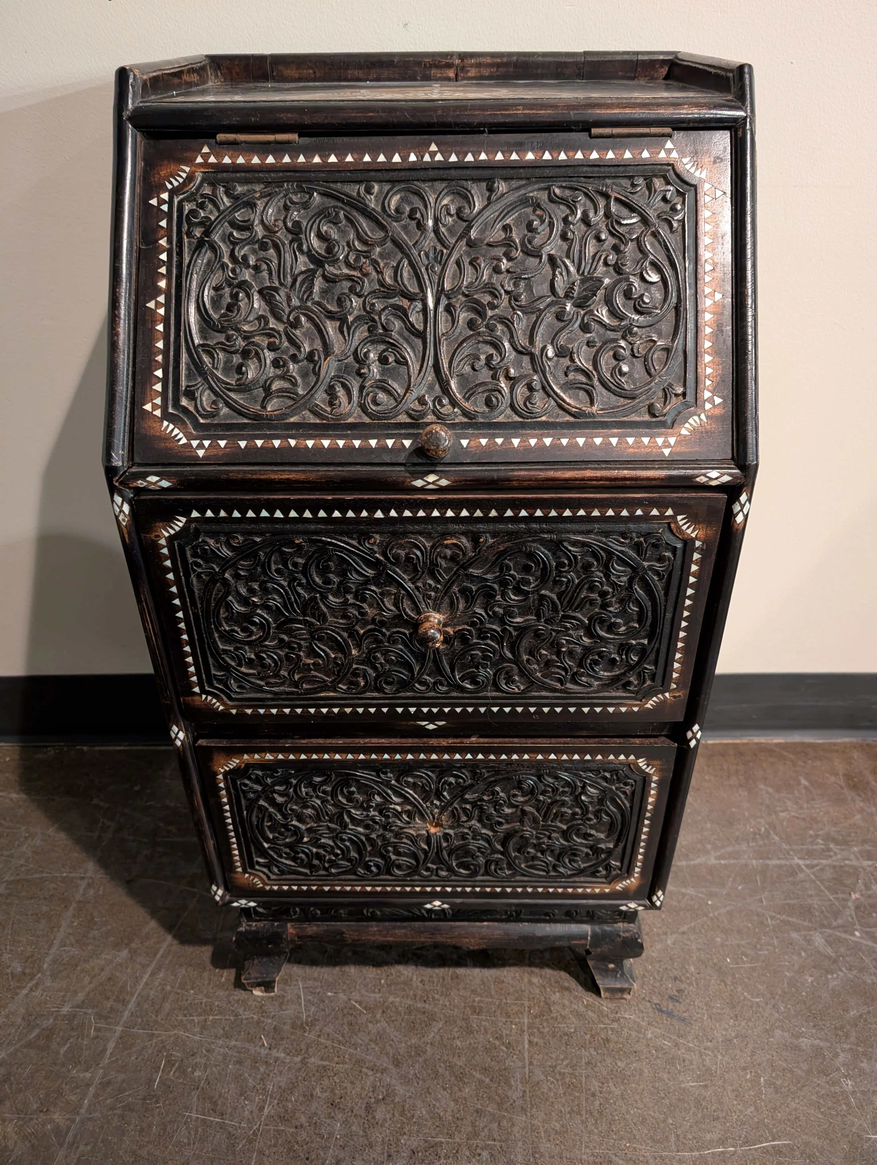 Intricate Carved Dark Wood Inlay Secretary Desk - Image 4