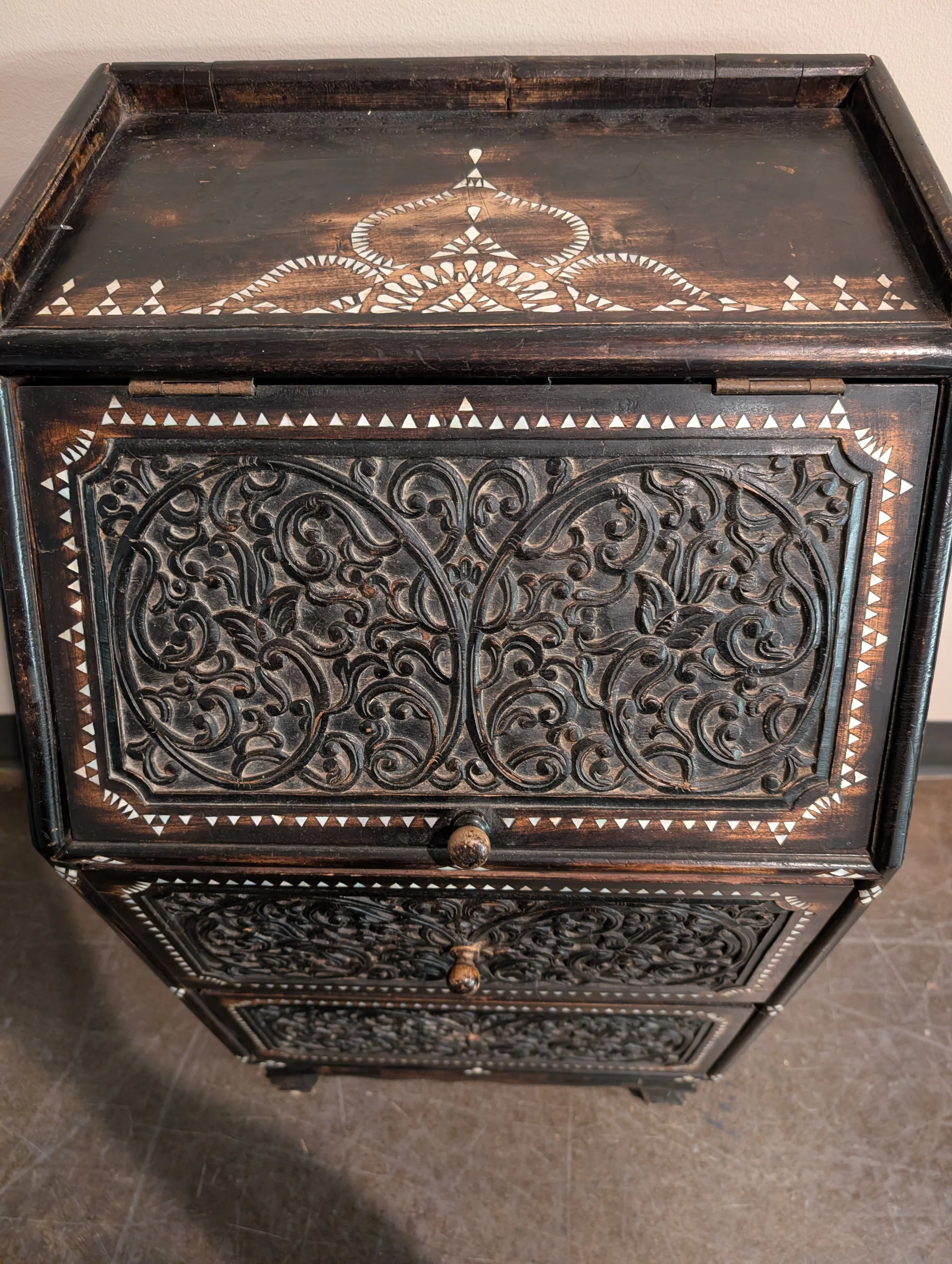 Intricate Carved Dark Wood Inlay Secretary Desk - Image 5