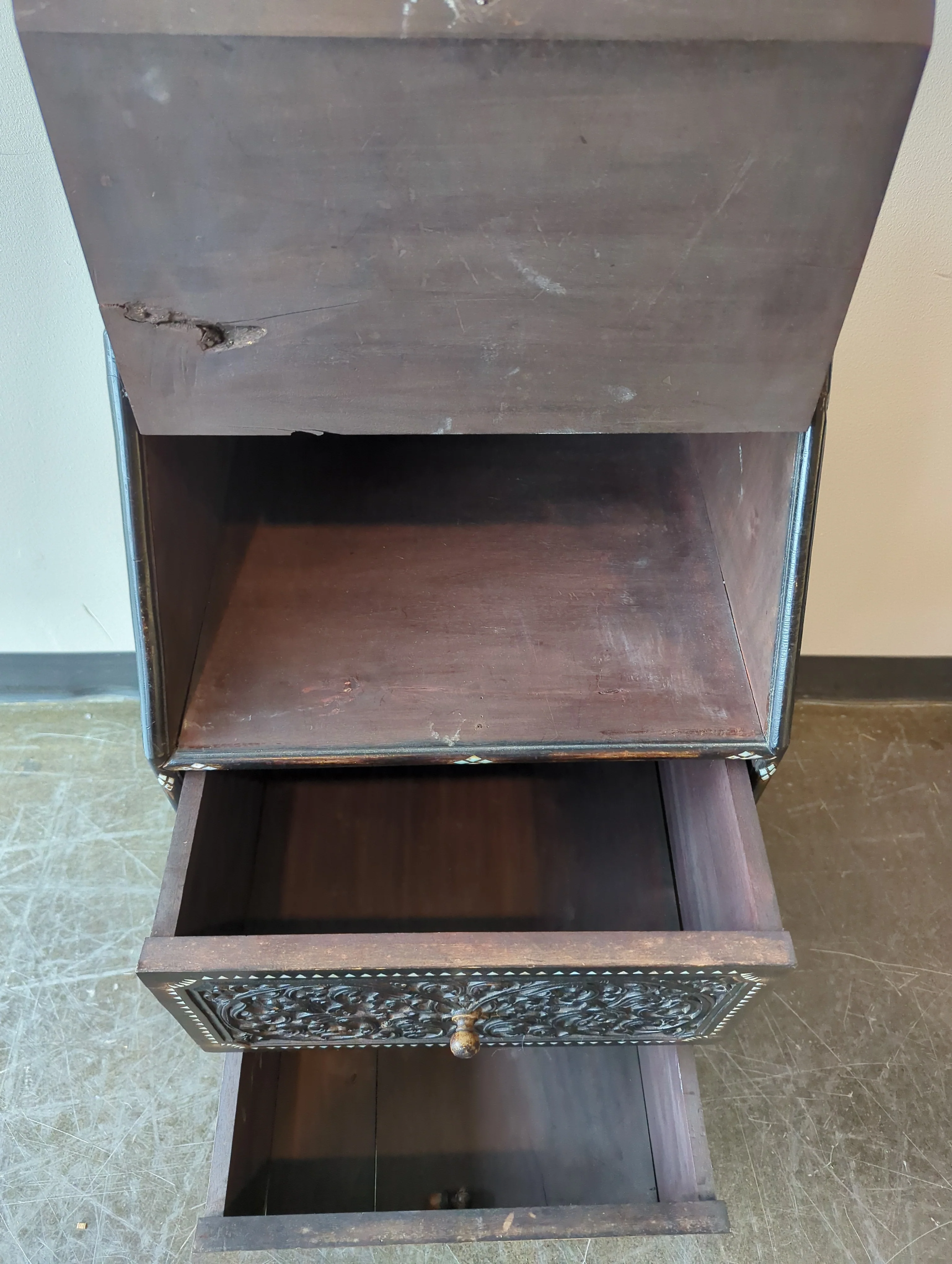 Intricate Carved Dark Wood Inlay Secretary Desk - Image 6