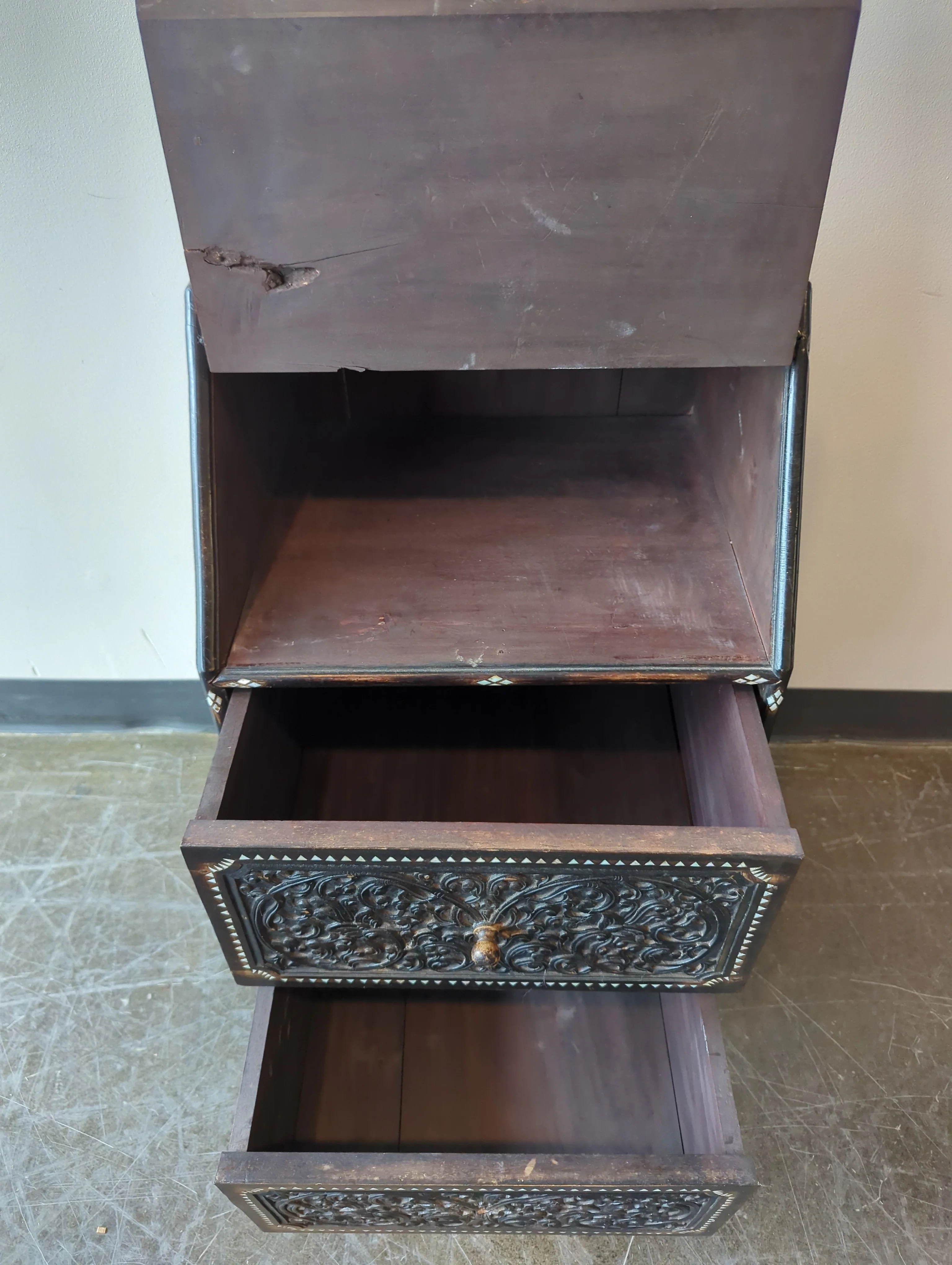 Intricate Carved Dark Wood Inlay Secretary Desk - Image 7