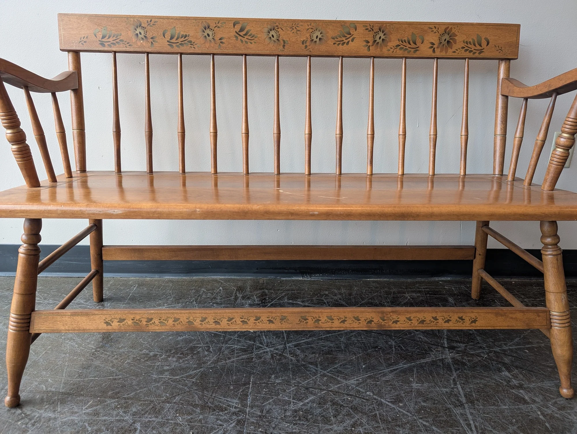 S. Bent & Bros. Colonial Spindle Back Wood Settee with Floral Stencil - Image 3