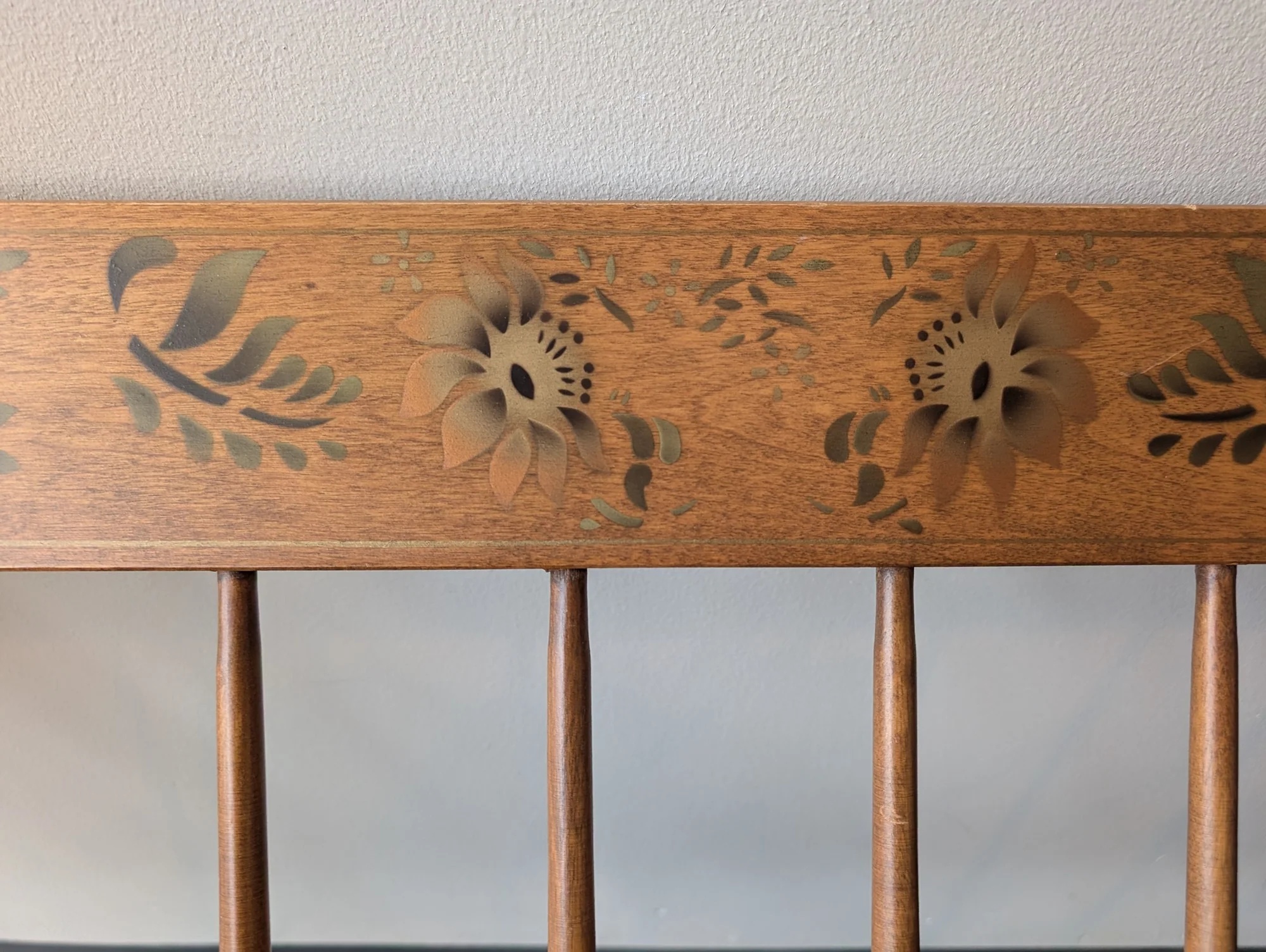 S. Bent & Bros. Colonial Spindle Back Wood Settee with Floral Stencil - Image 7