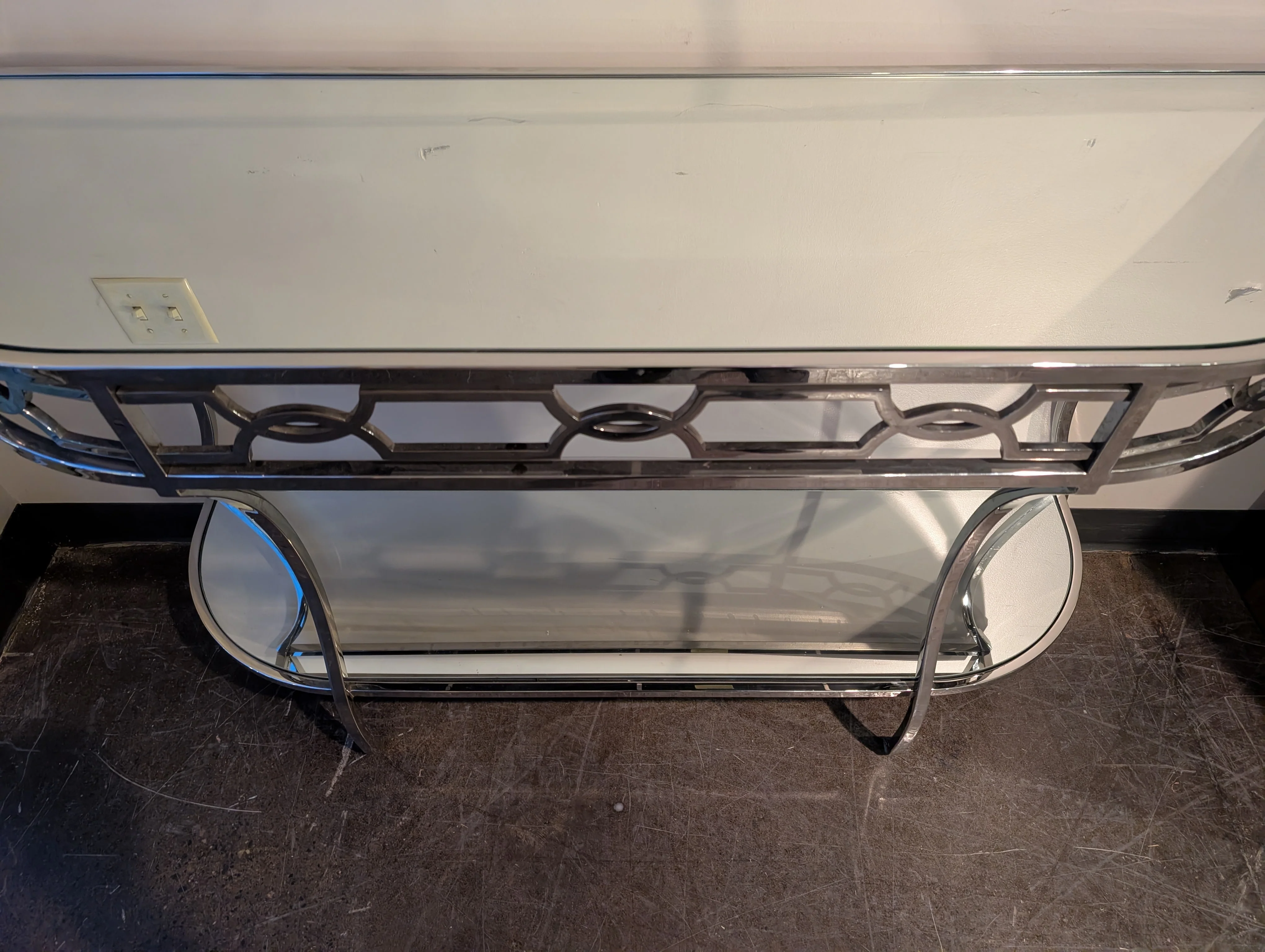 Art Deco Inspired Chrome and Glass Console Table with Mirrored Shelf - Image 2