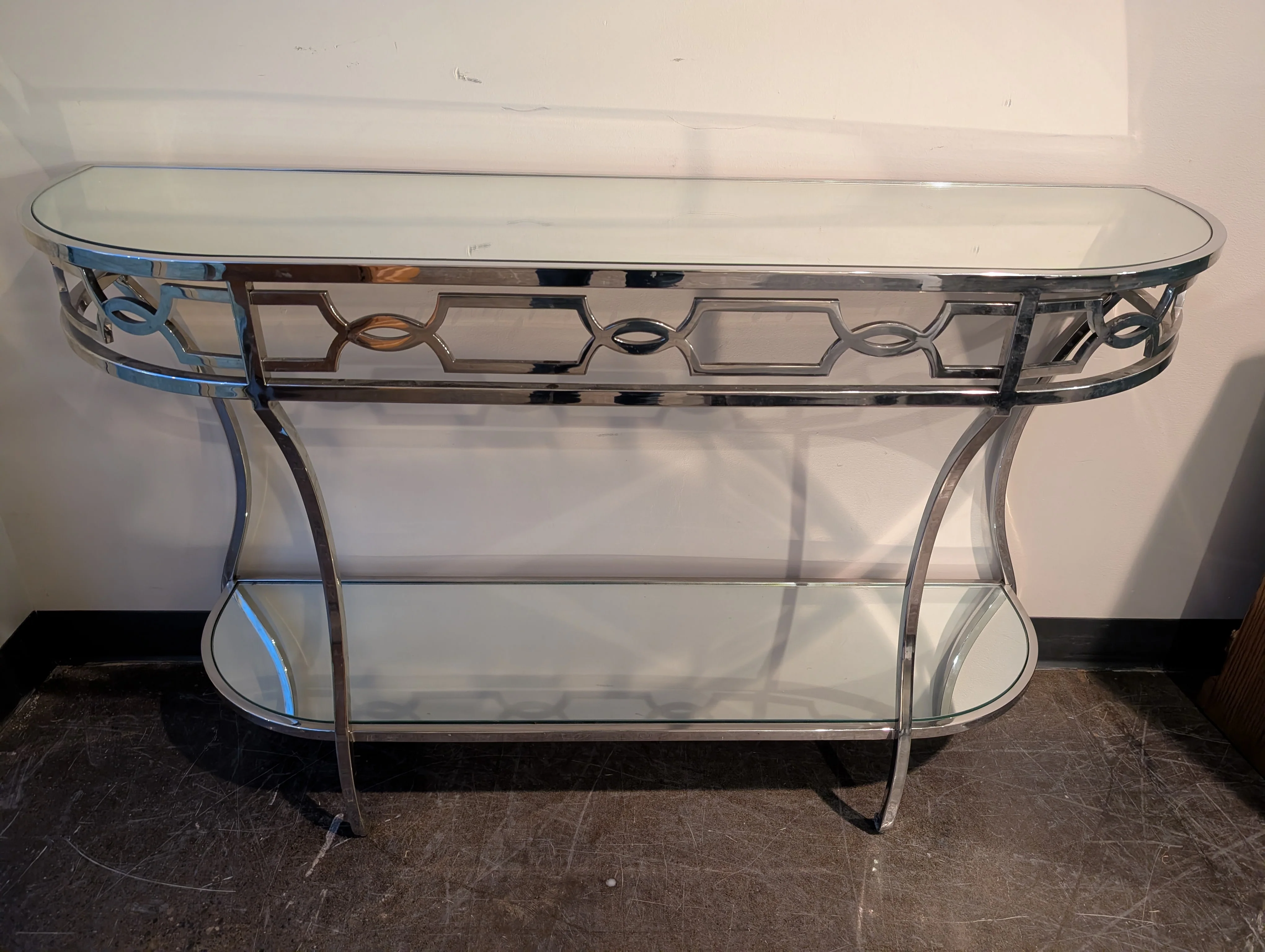Art Deco Inspired Chrome and Glass Console Table with Mirrored Shelf - Image 3