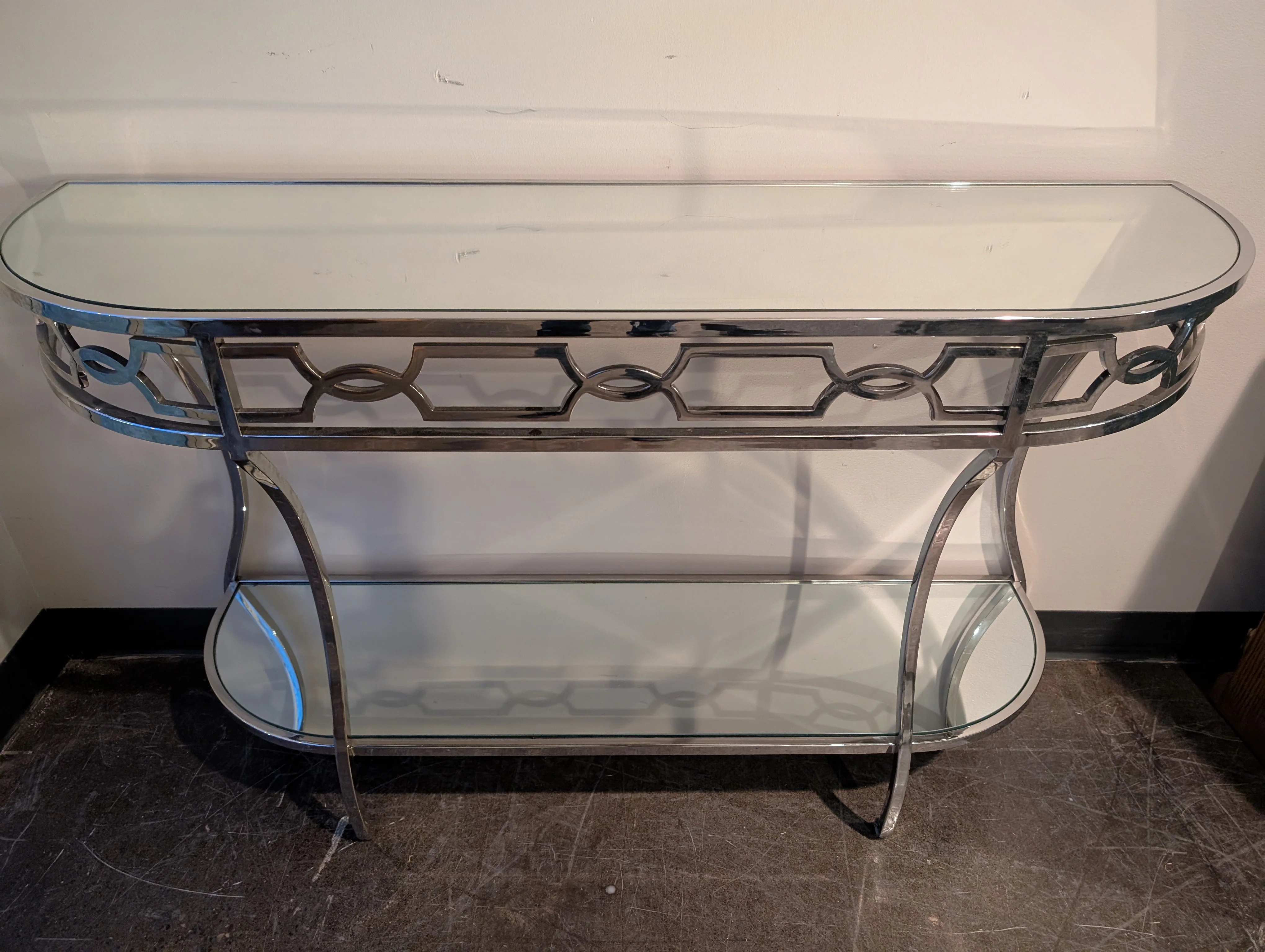 Art Deco Inspired Chrome and Glass Console Table with Mirrored Shelf - Image 4