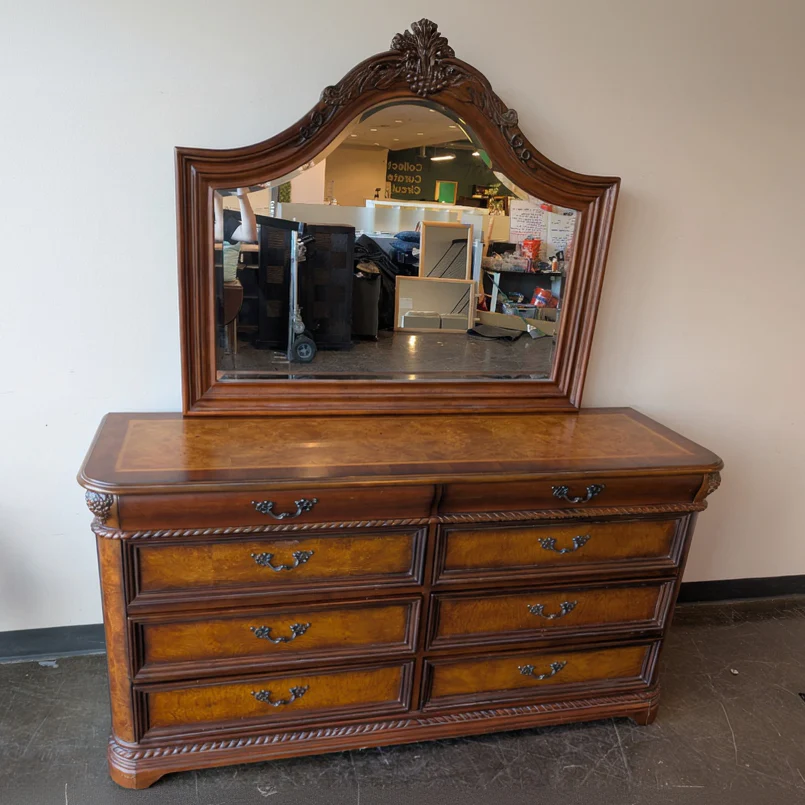 Ornate Dark Wood Dresser with Arched Mirror