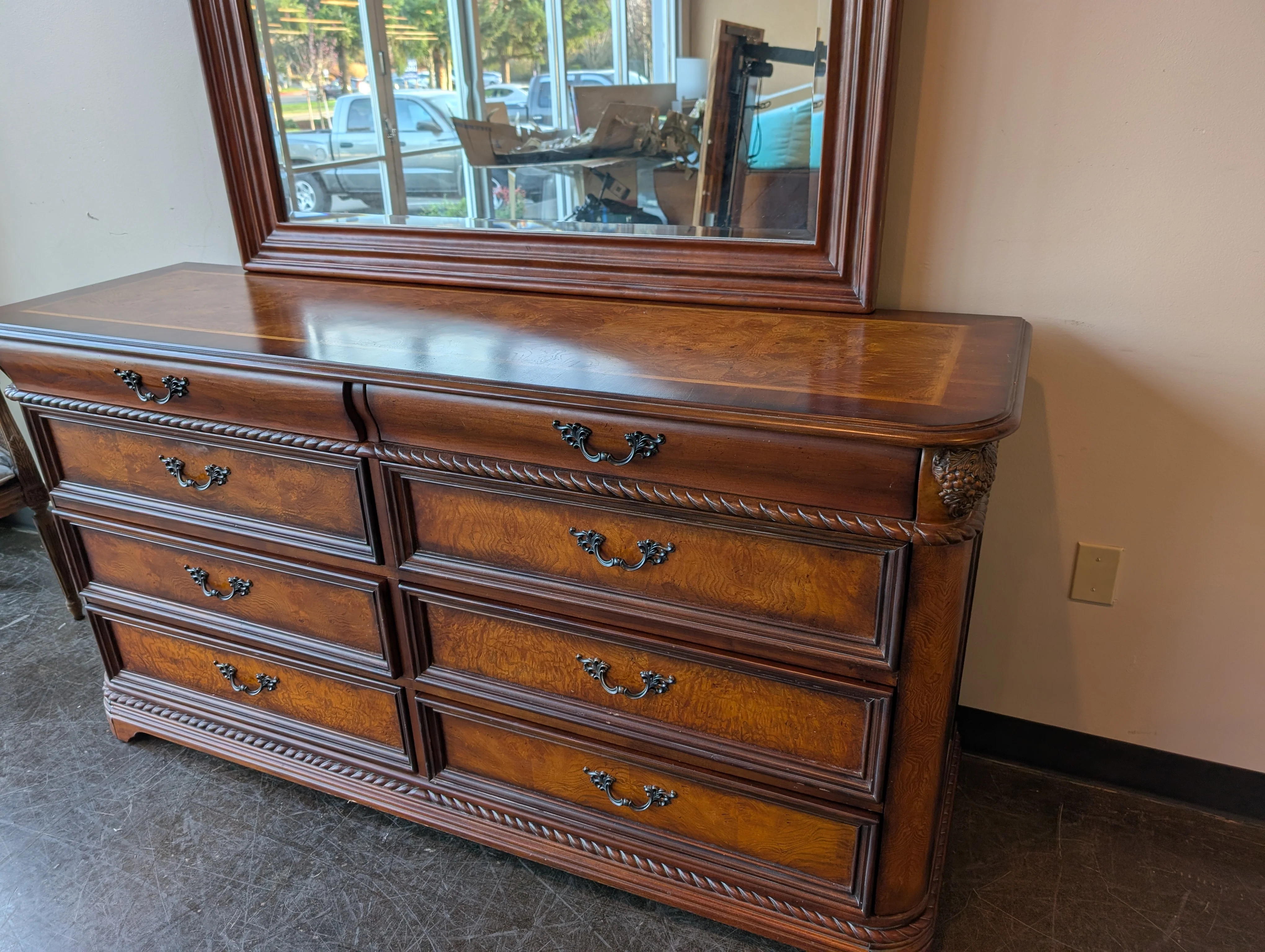 Ornate Dark Wood Dresser with Arched Mirror - Image 5