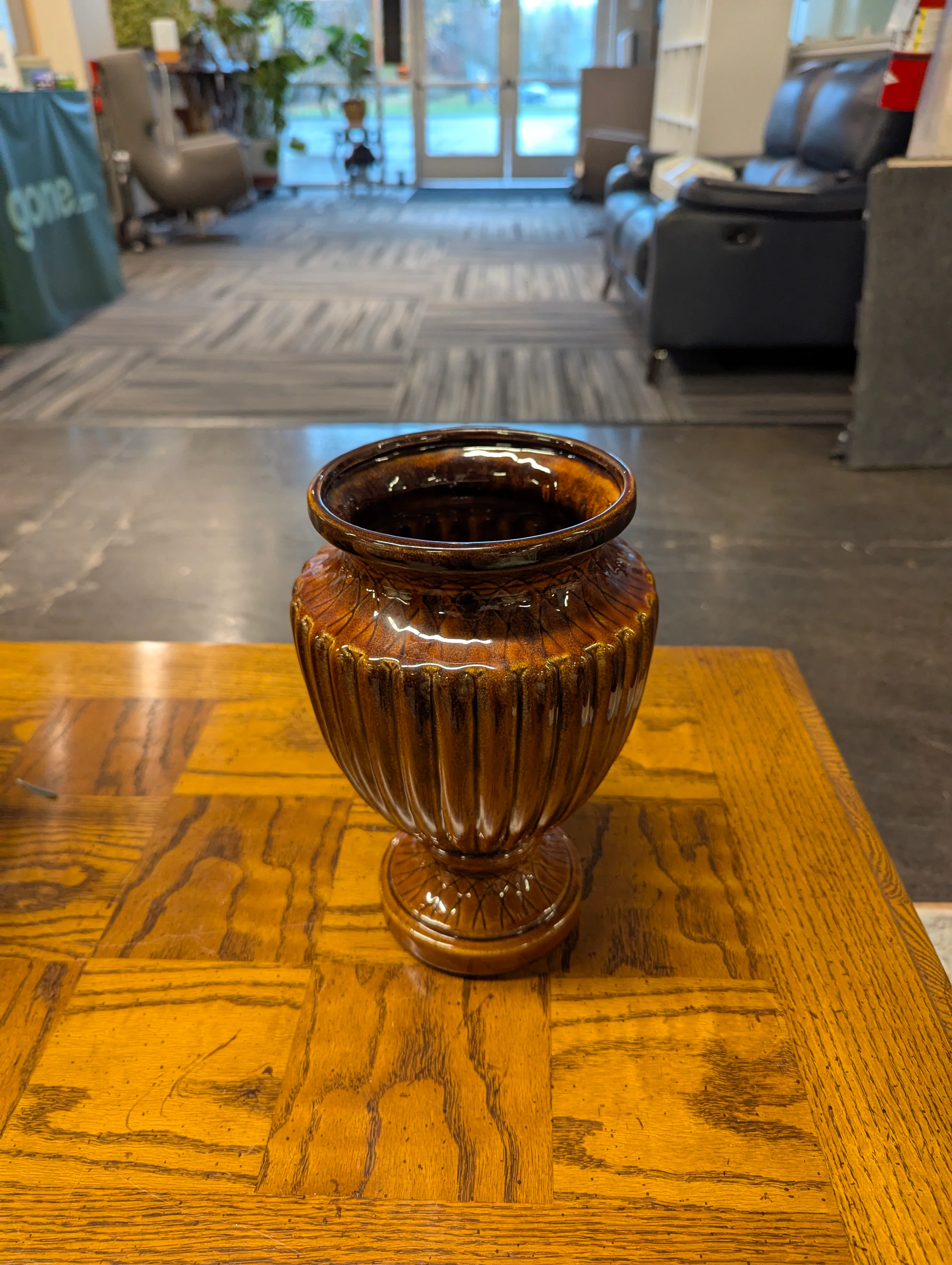 Vintage Ribbed Amber Glazed Ceramic Urn Vase - Image 3