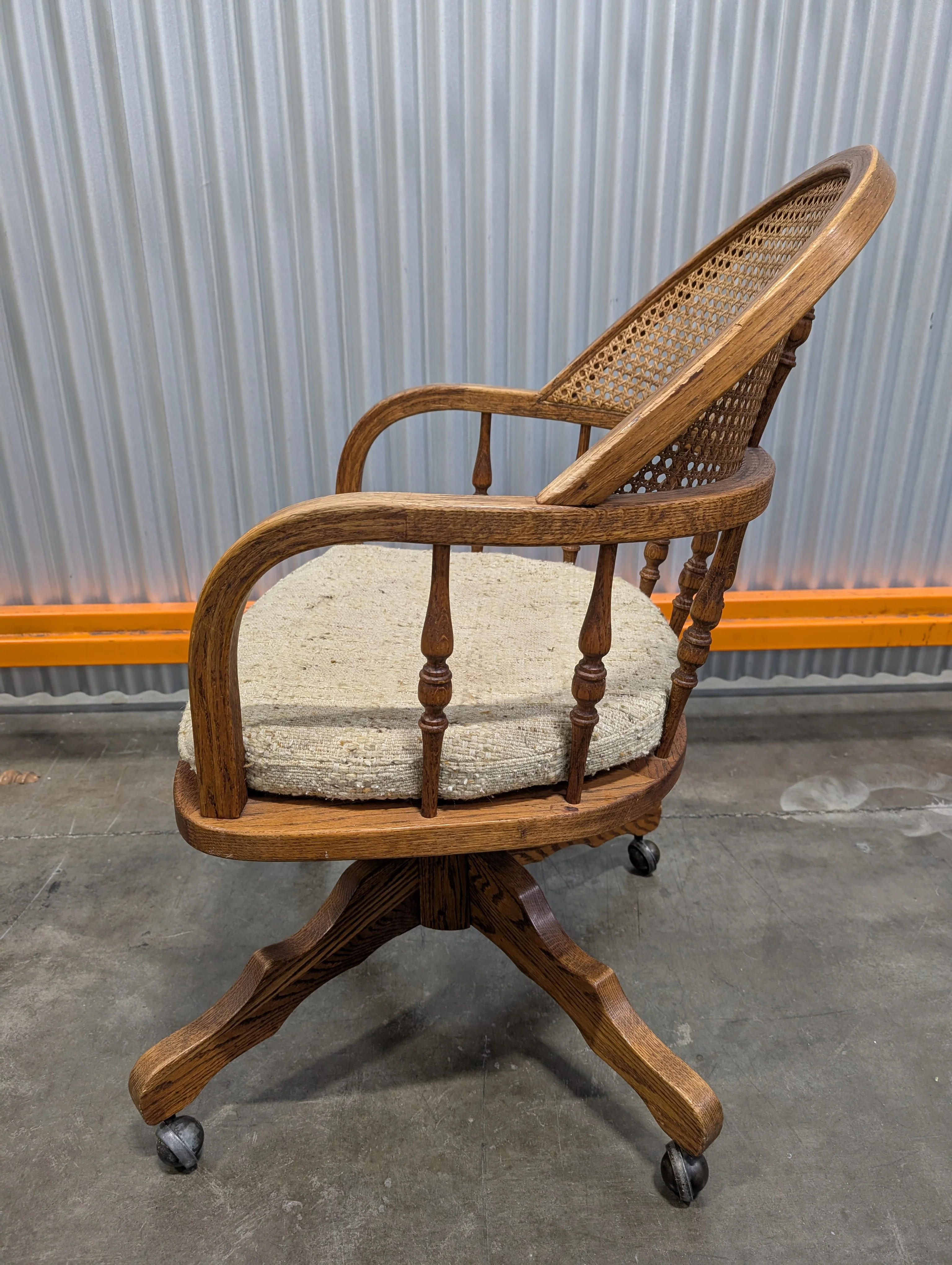 Traditional Wood Cane Swivel Desk Chair with Textured Upholstery - Image 3