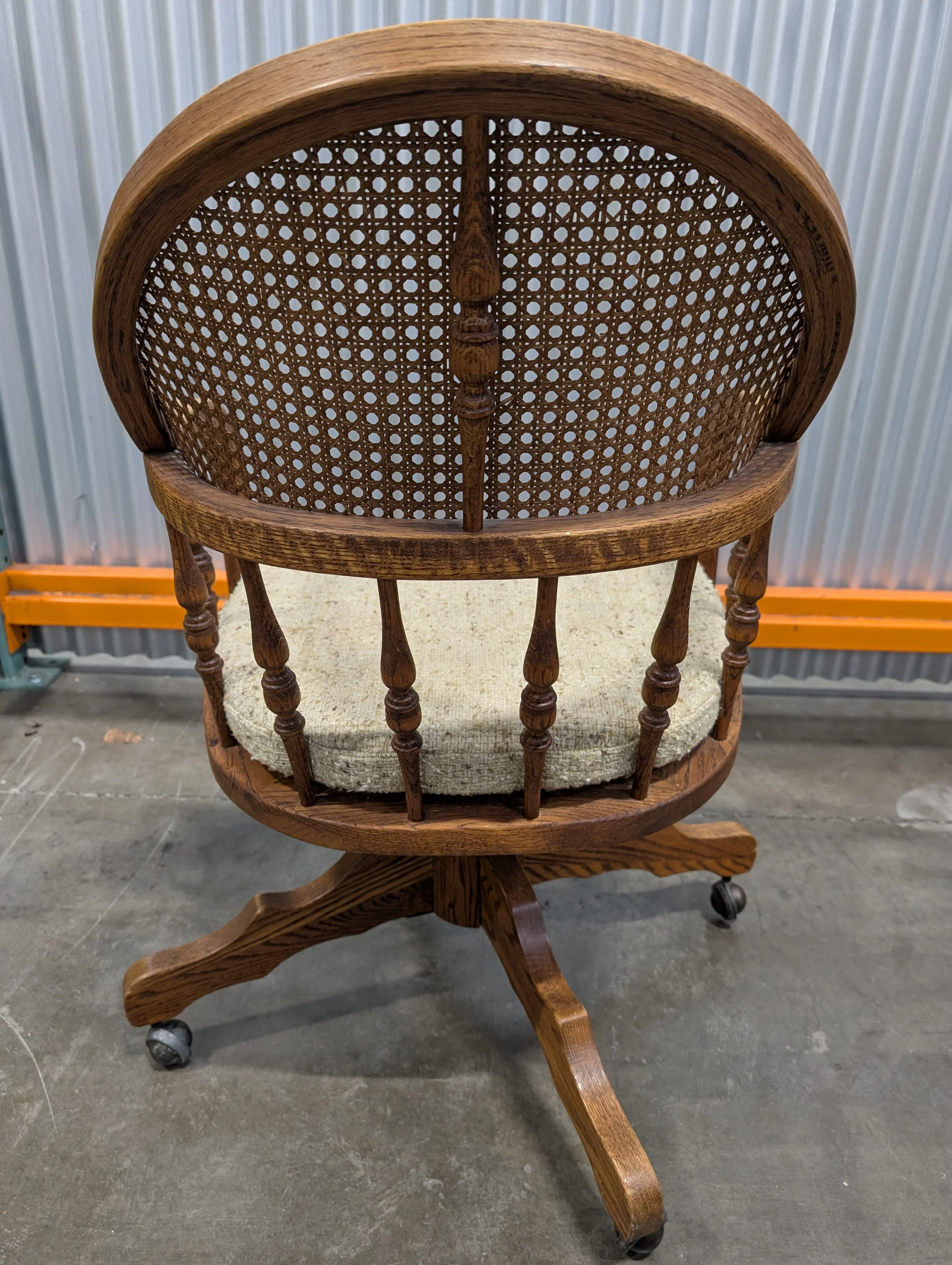 Traditional Wood Cane Swivel Desk Chair with Textured Upholstery - Image 4