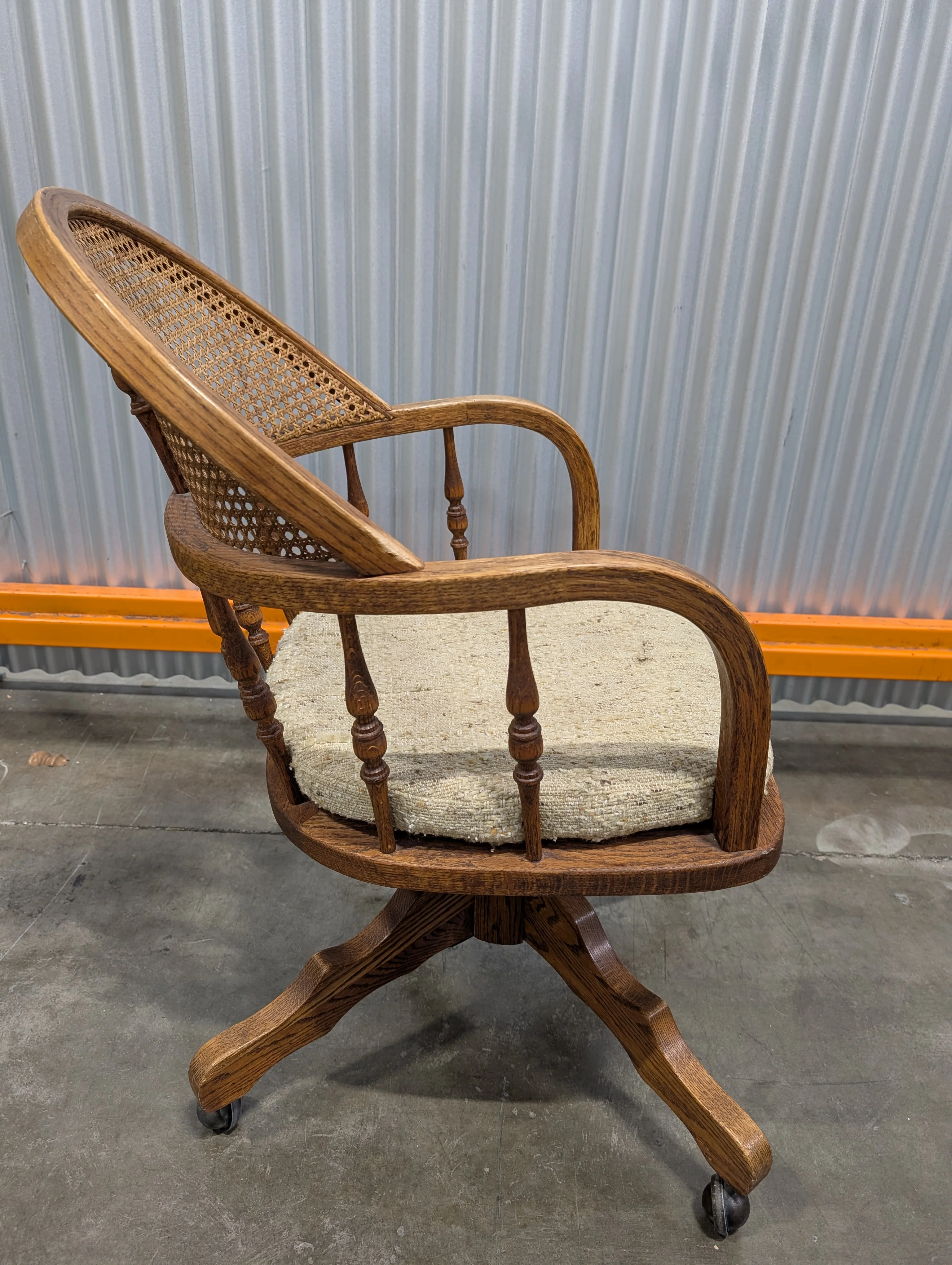 Traditional Wood Cane Swivel Desk Chair with Textured Upholstery - Image 5