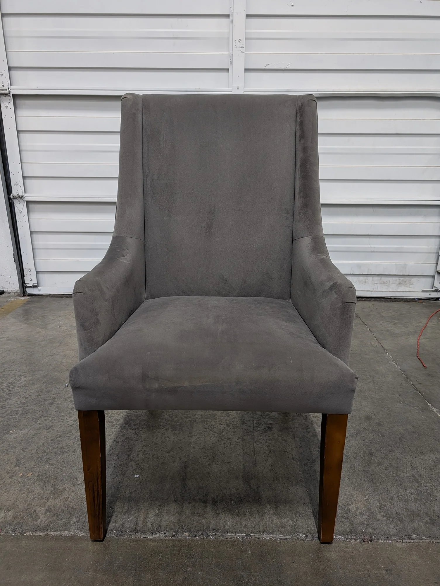 WORLD MARKET Grey Upholstered Accent Armchair with Tapered Wood Legs