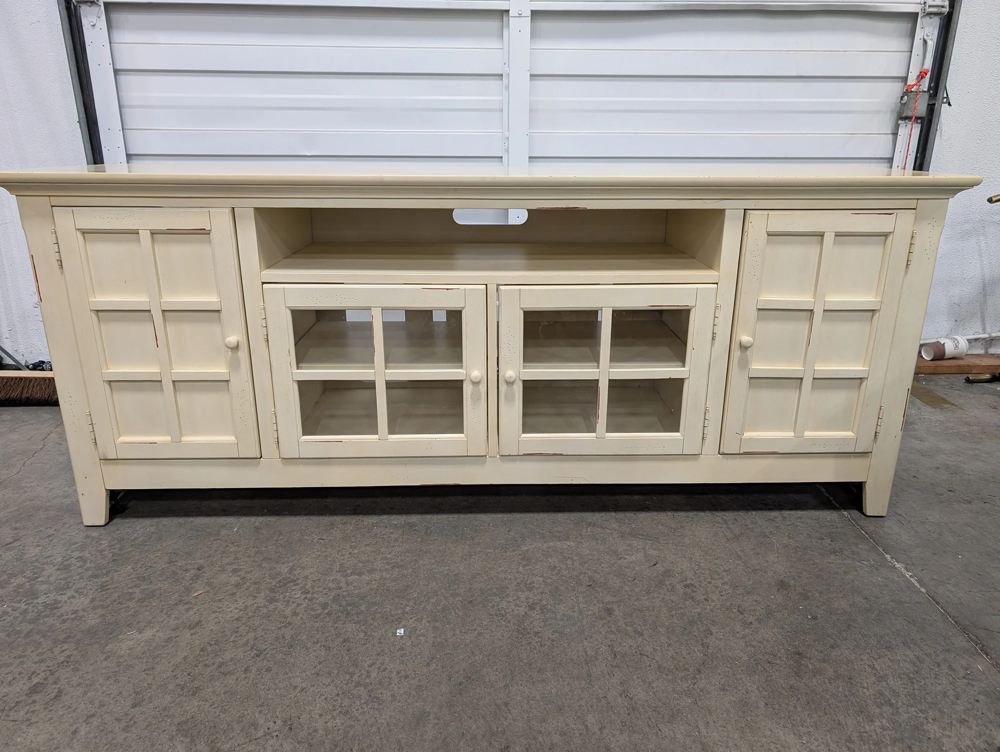 Distressed Cream Wood Media Console with Glass Doors - Image 2