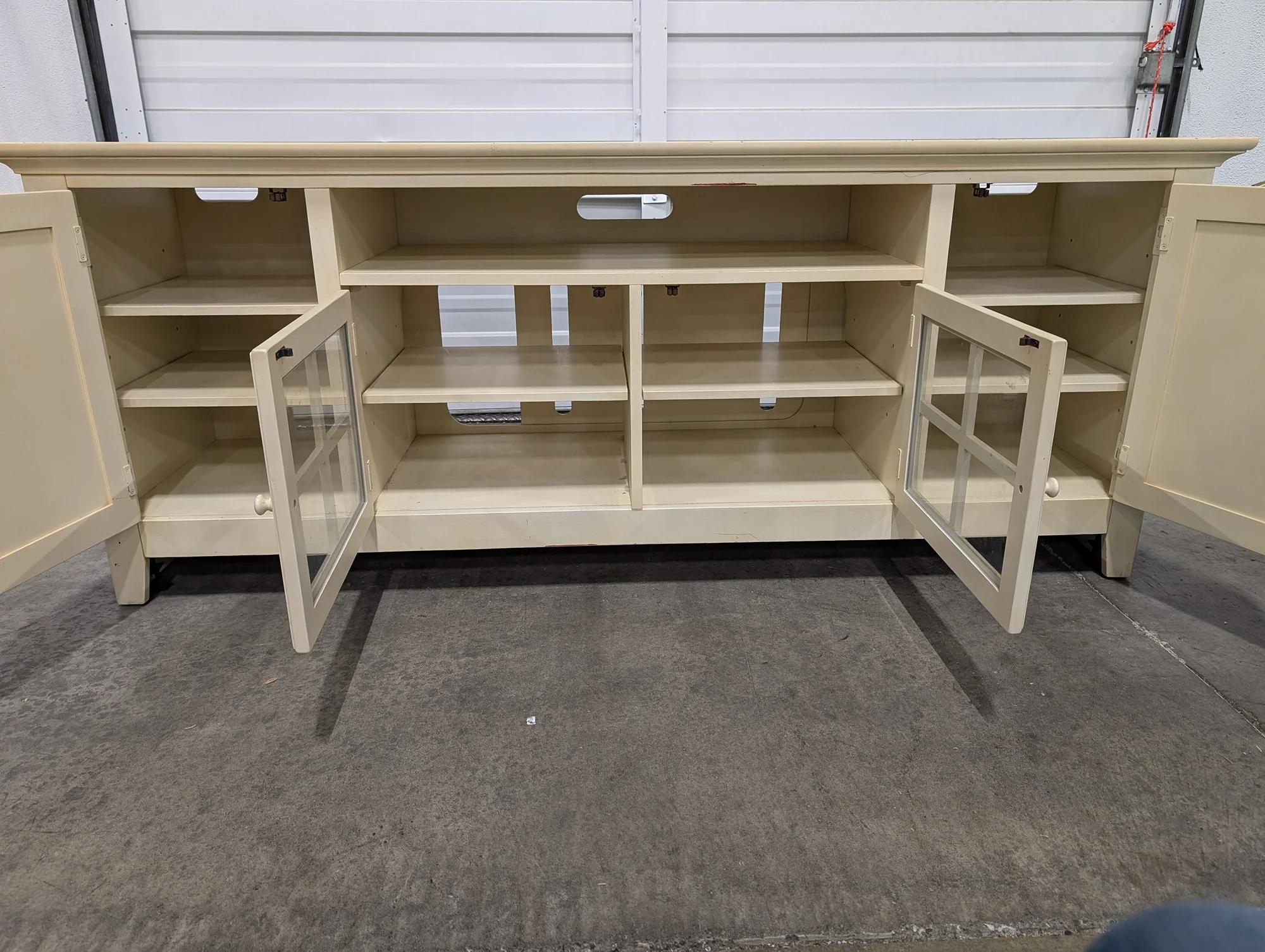 Distressed Cream Wood Media Console with Glass Doors - Image 3